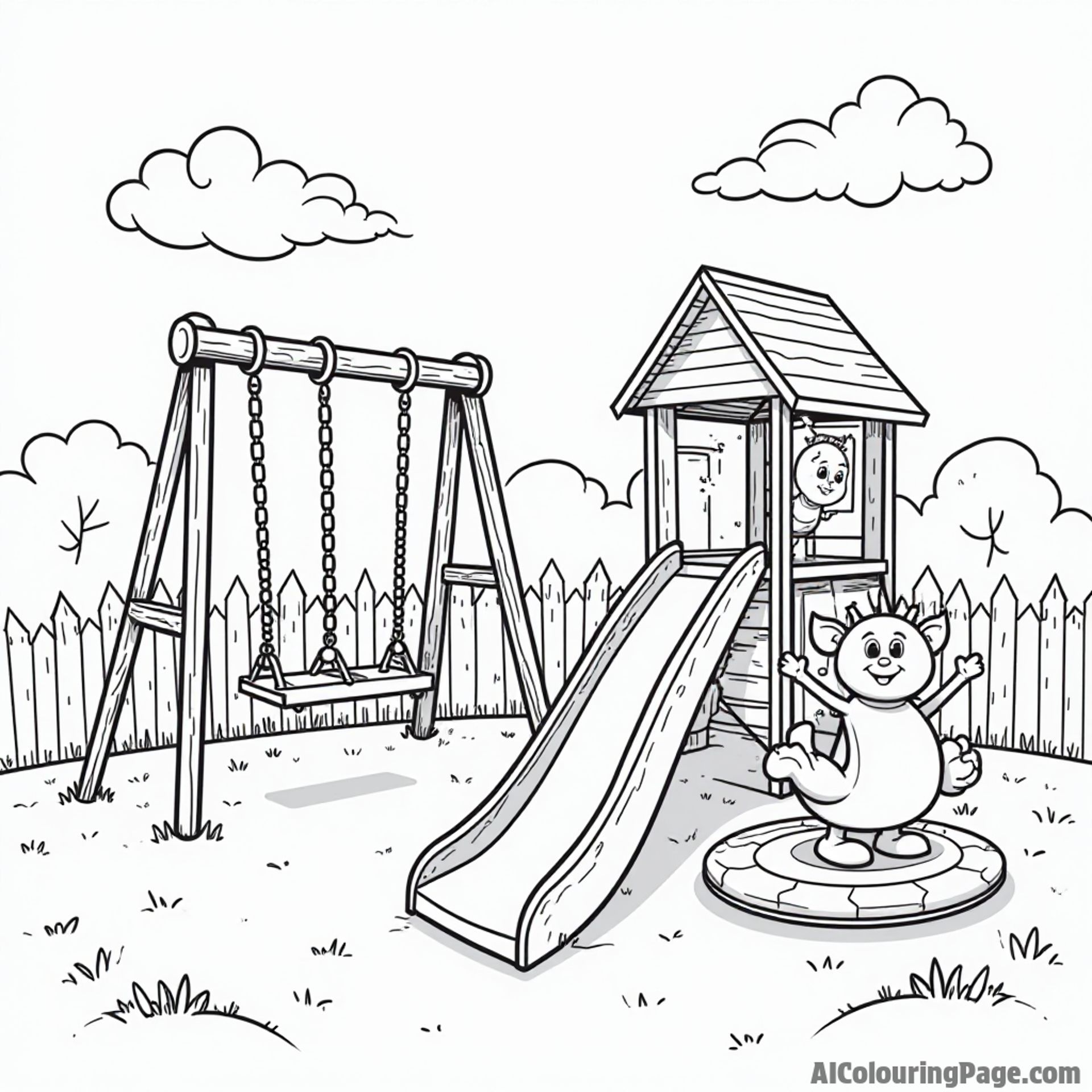 A vibrant playground scene with a smiling swing set, a cheerful slide character, and a playful merry-go-round spinning.