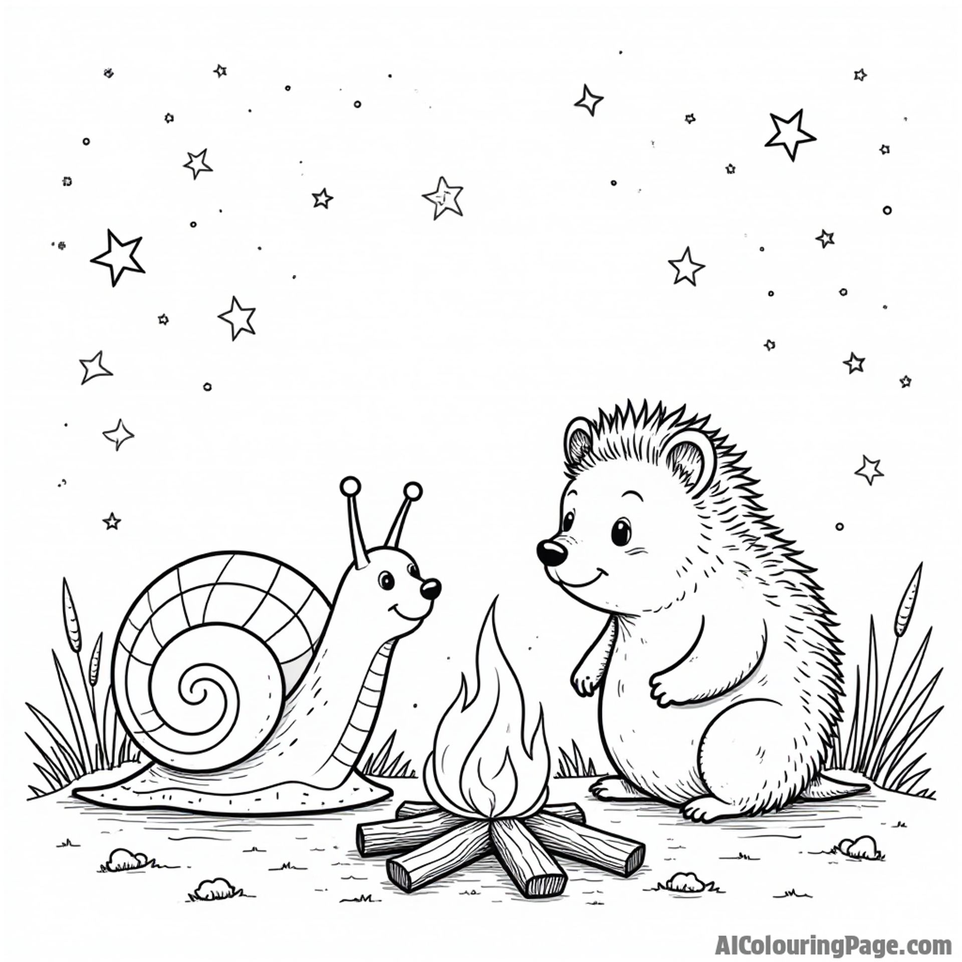 A snail and a hedgehog sharing a story, with a cozy campfire and stars twinkling in the night sky.