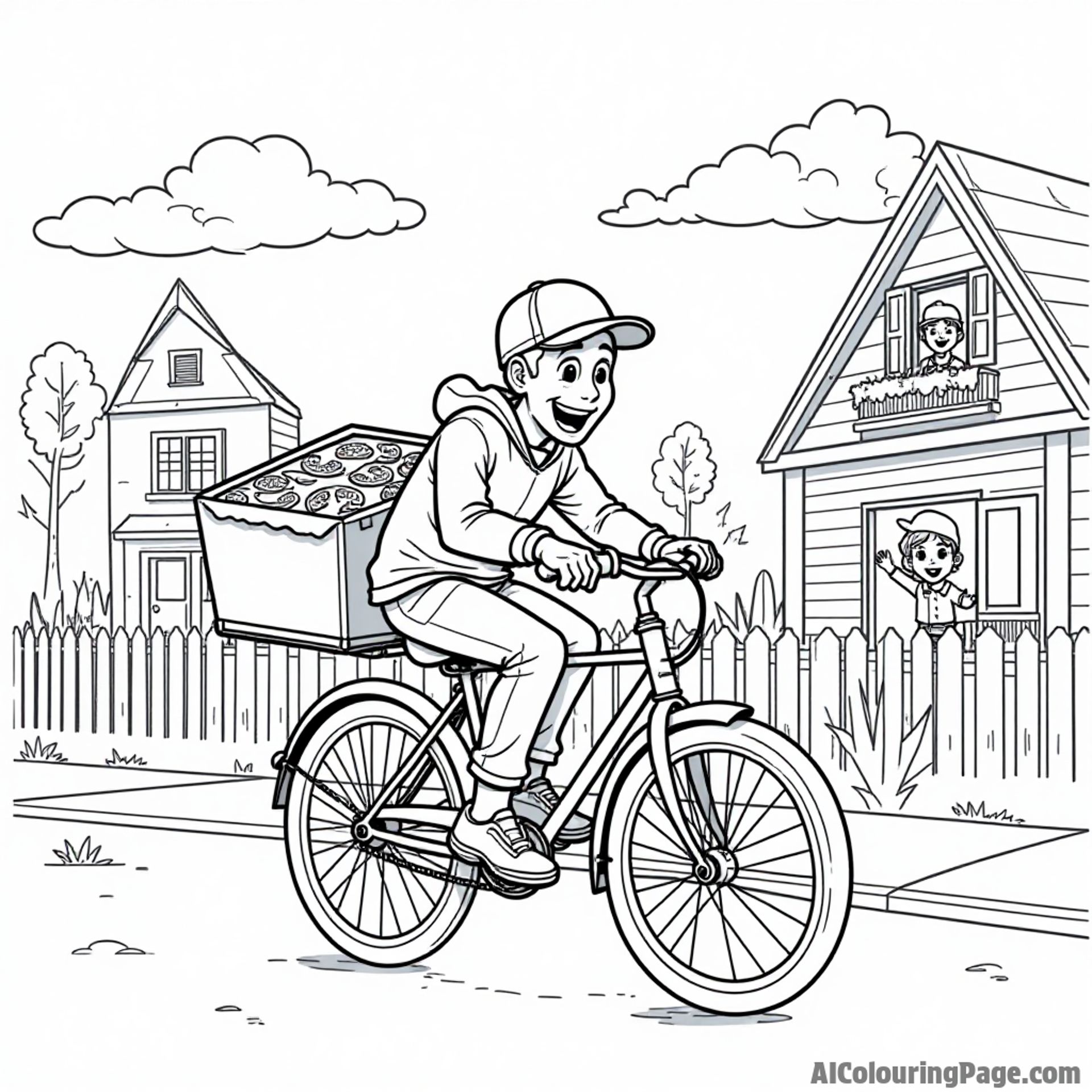 A pizza slice riding a bicycle, delivering pizzas through a neighborhood, with happy children waving from their homes.