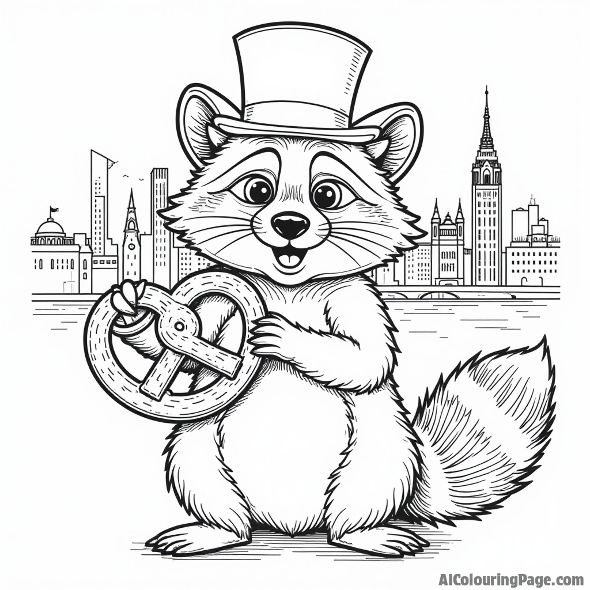 A playful raccoon wearing a top hat, holding a pretzel, with the Pennsylvania skyline in the background, celebrating local culture.