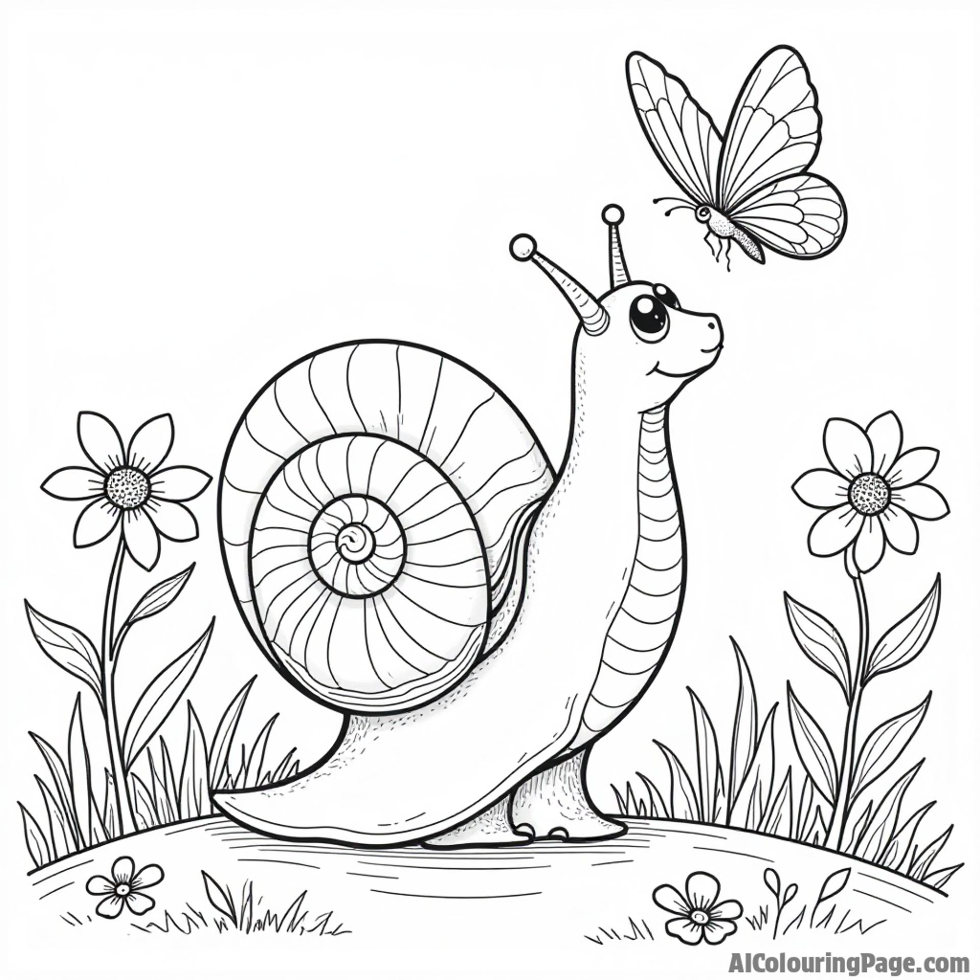 A snail dancing with a butterfly, surrounded by flowers and soft grass in a joyful garden scene for coloring fun.