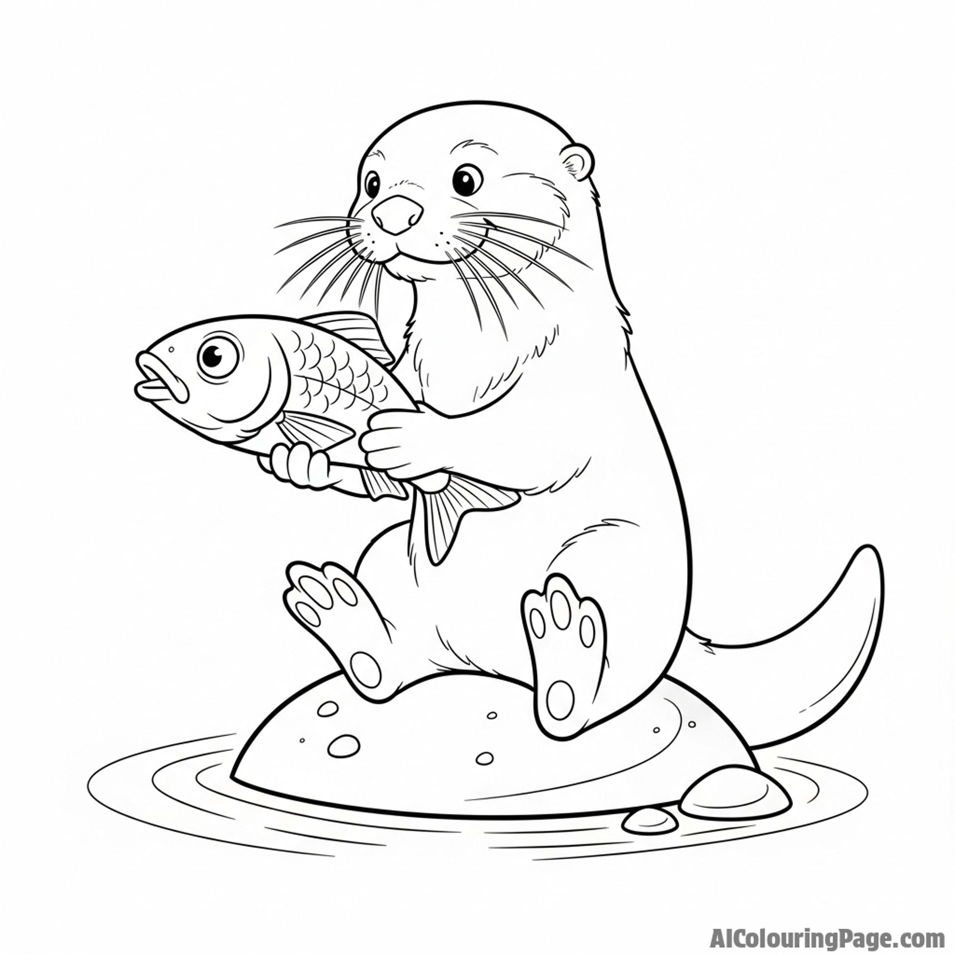Studio Ghibli style animation of a friendly otter sharing a fish.