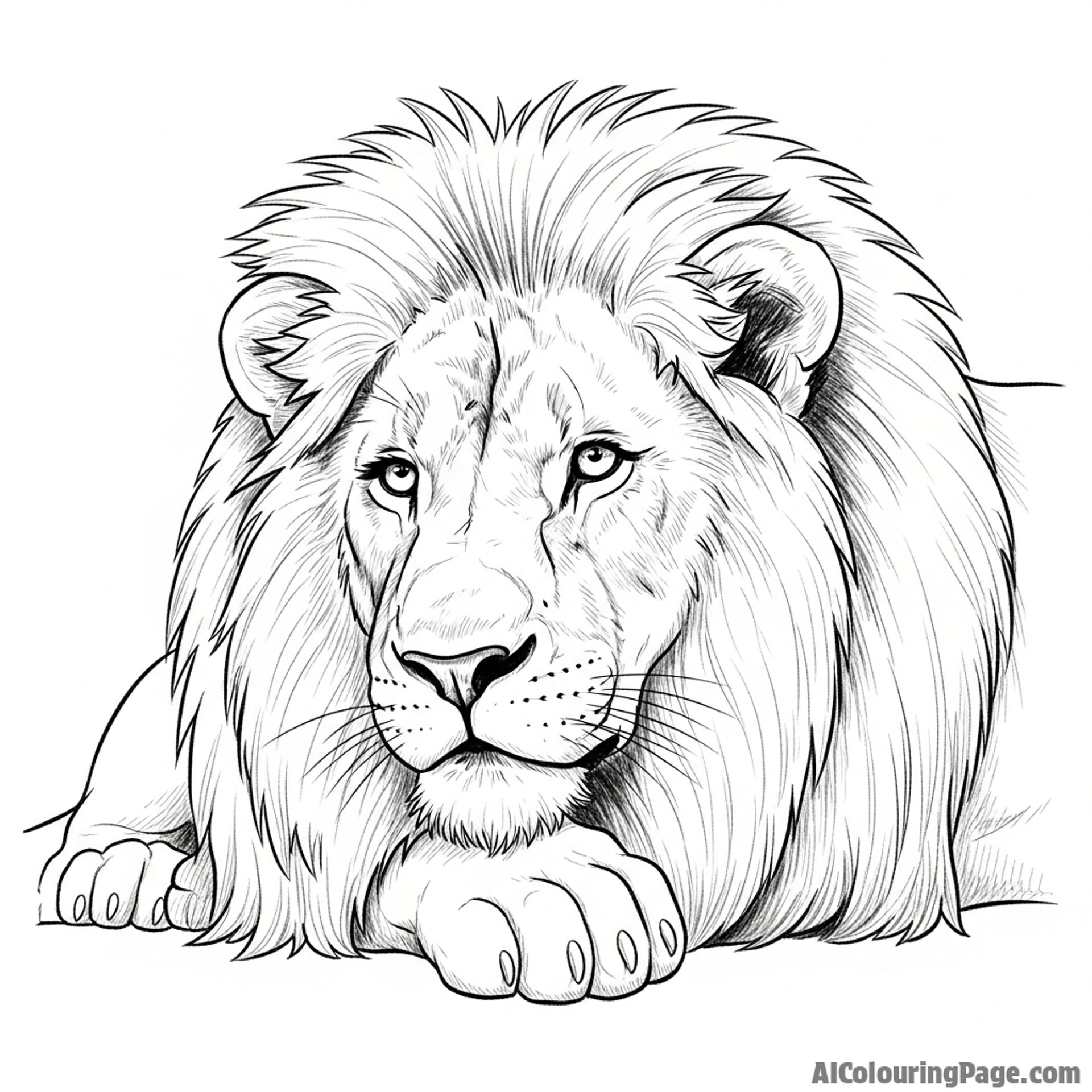 A detailed charcoal sketch capturing the pensive expression of a lion at rest.