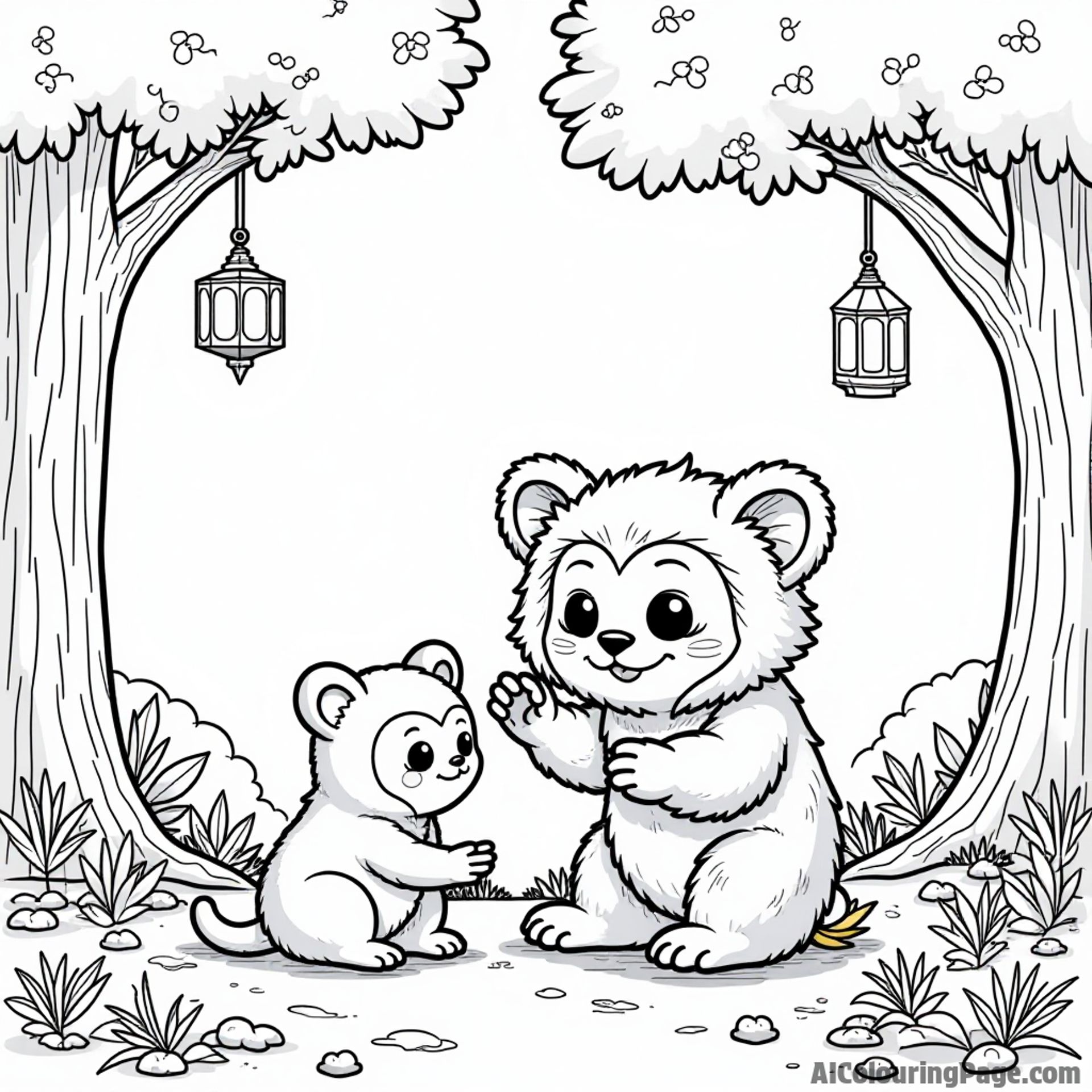 A friendly Ewok playing with a small creature in a tree village, surrounded by hanging lanterns and lush greenery.