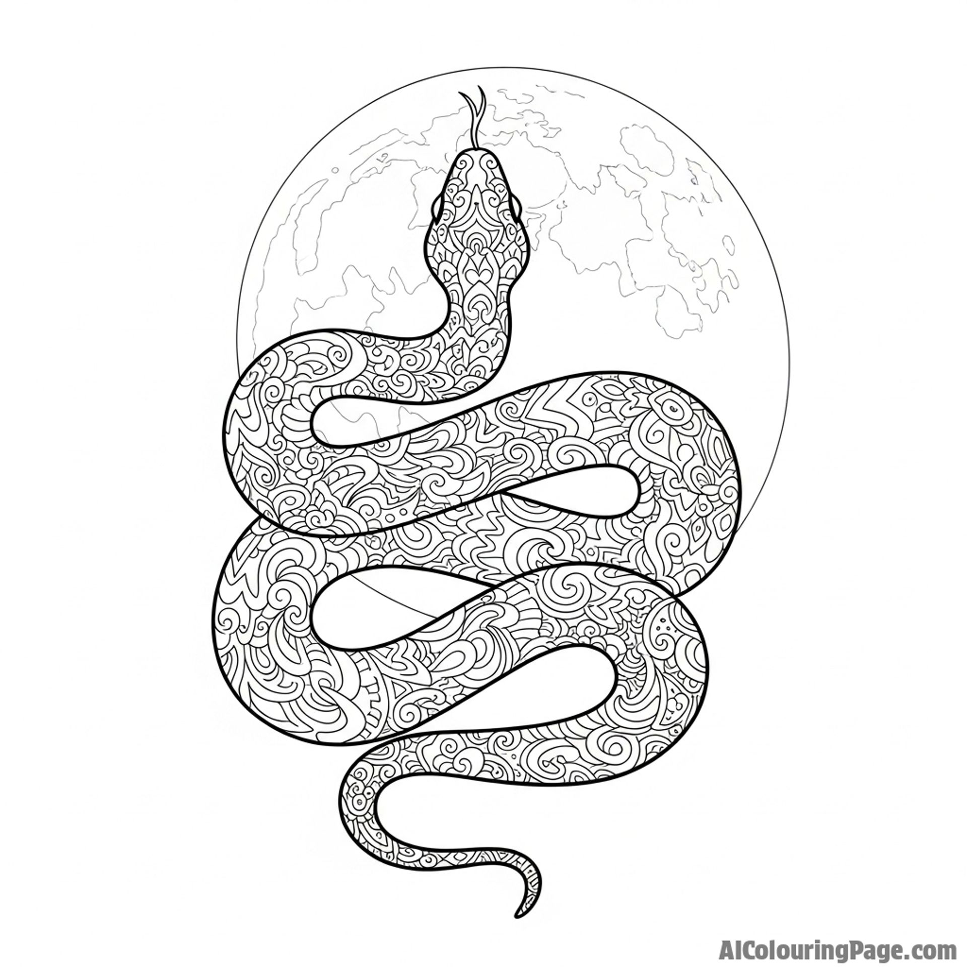 Silhouette of a large snake against a bright full moon.