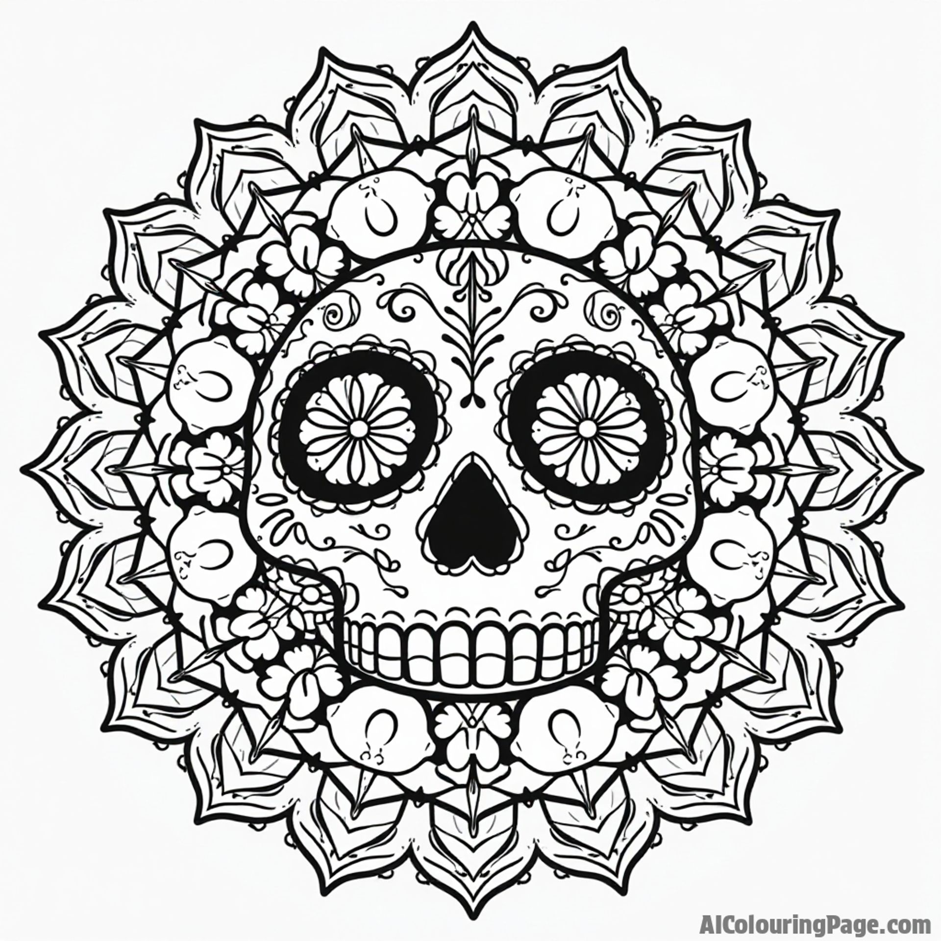 An intricate mandala design featuring elements of Day of the Dead, such as sugar skulls and flowers, allowing kids to explore patterns while celebrating cultural traditions through art.