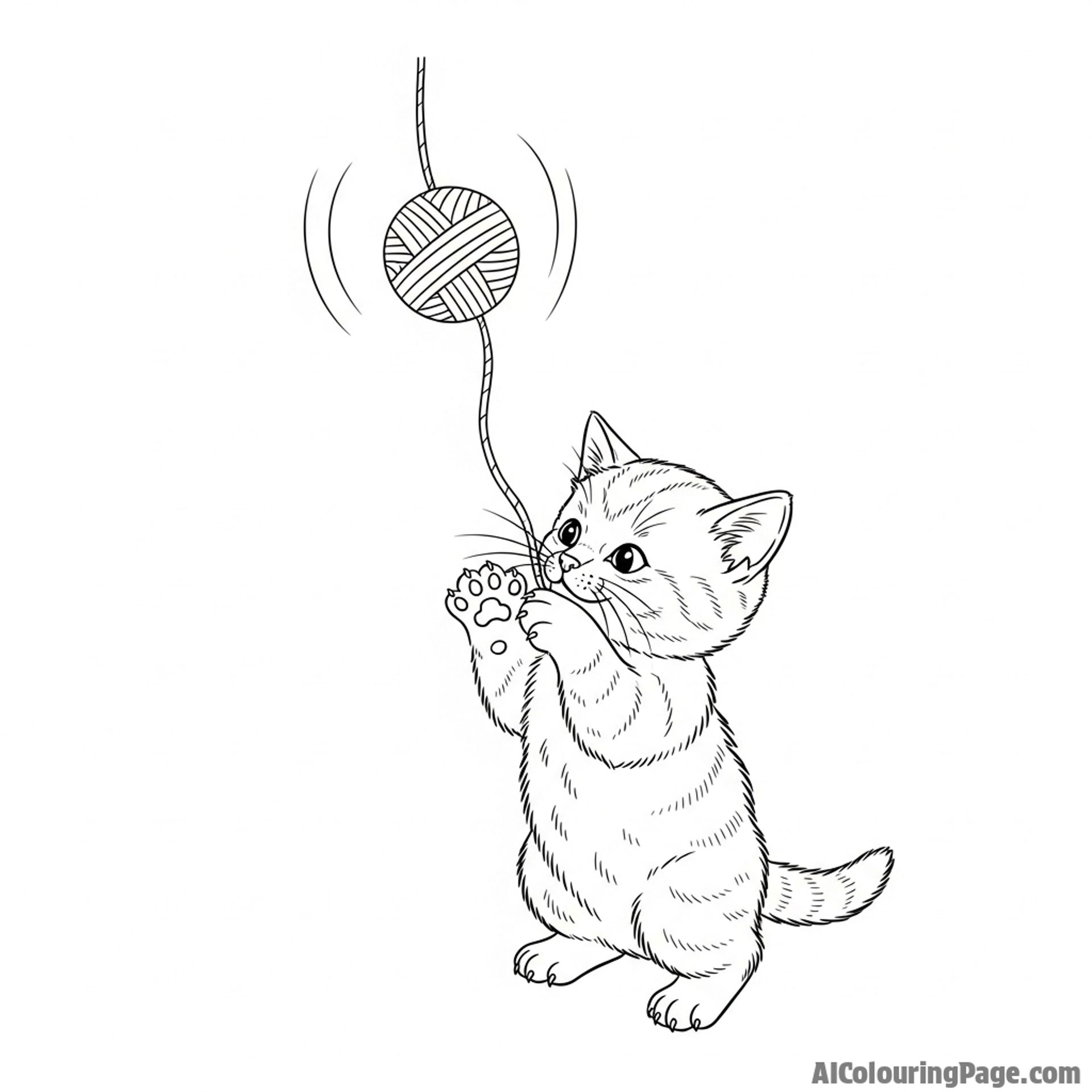 A tiny kitten batting playfully at a dangling piece of yarn.