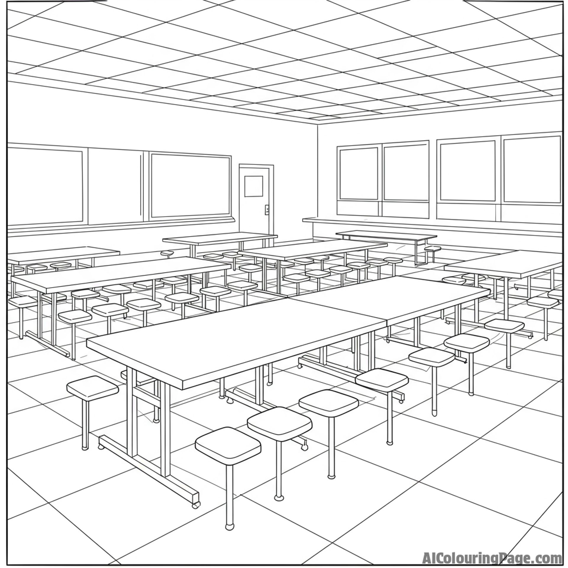 An empty school cafeteria, ready for the bustle of lunchtime.