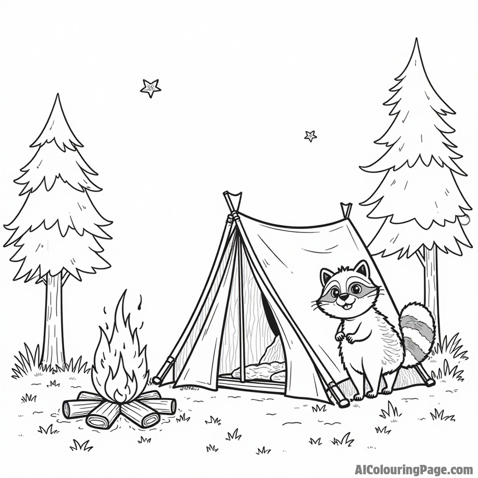 A cheerful camping scene with a happy tent, a playful campfire character, and a friendly raccoon peeking out.