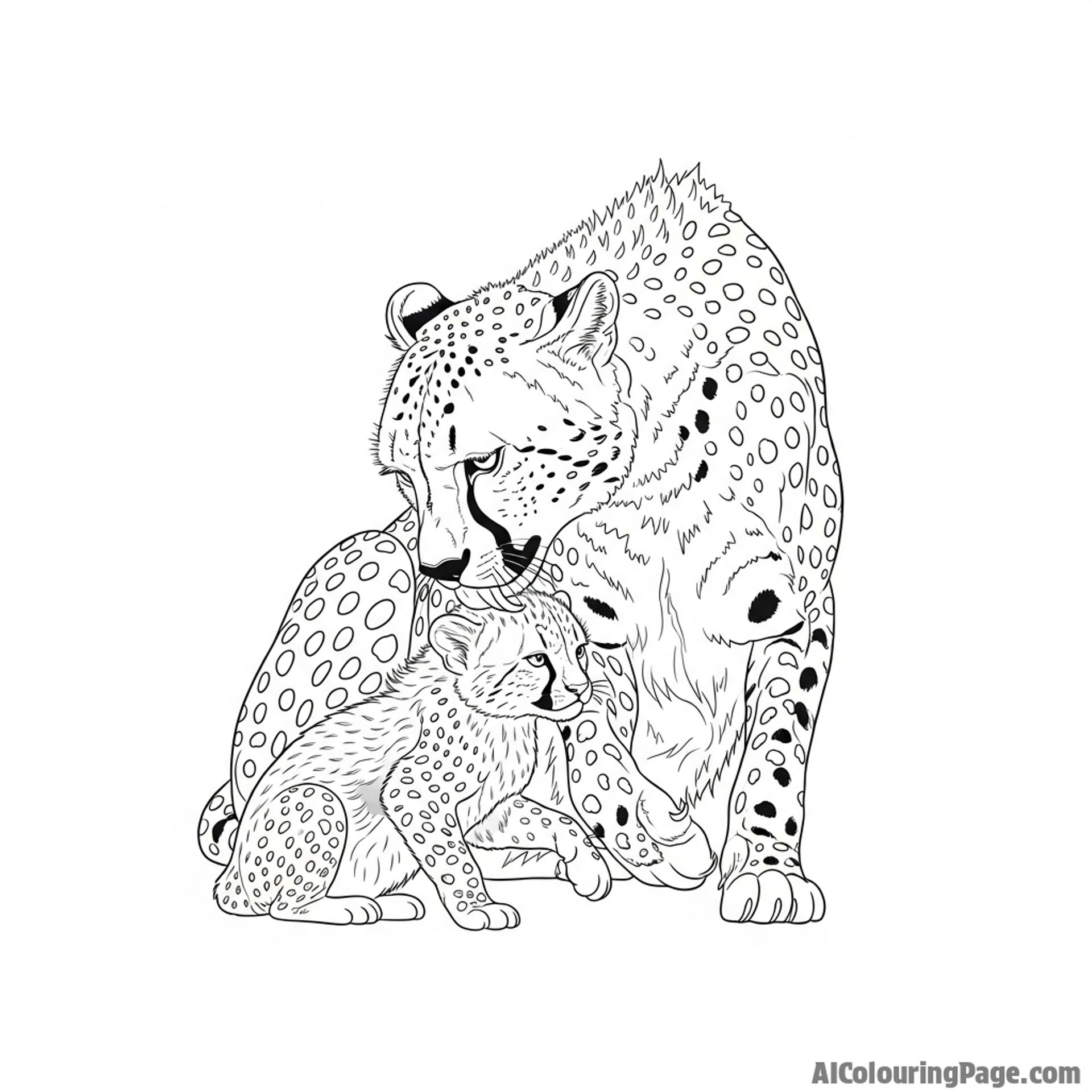 A mother cheetah meticulously grooming her tiny, fluffy cub.
