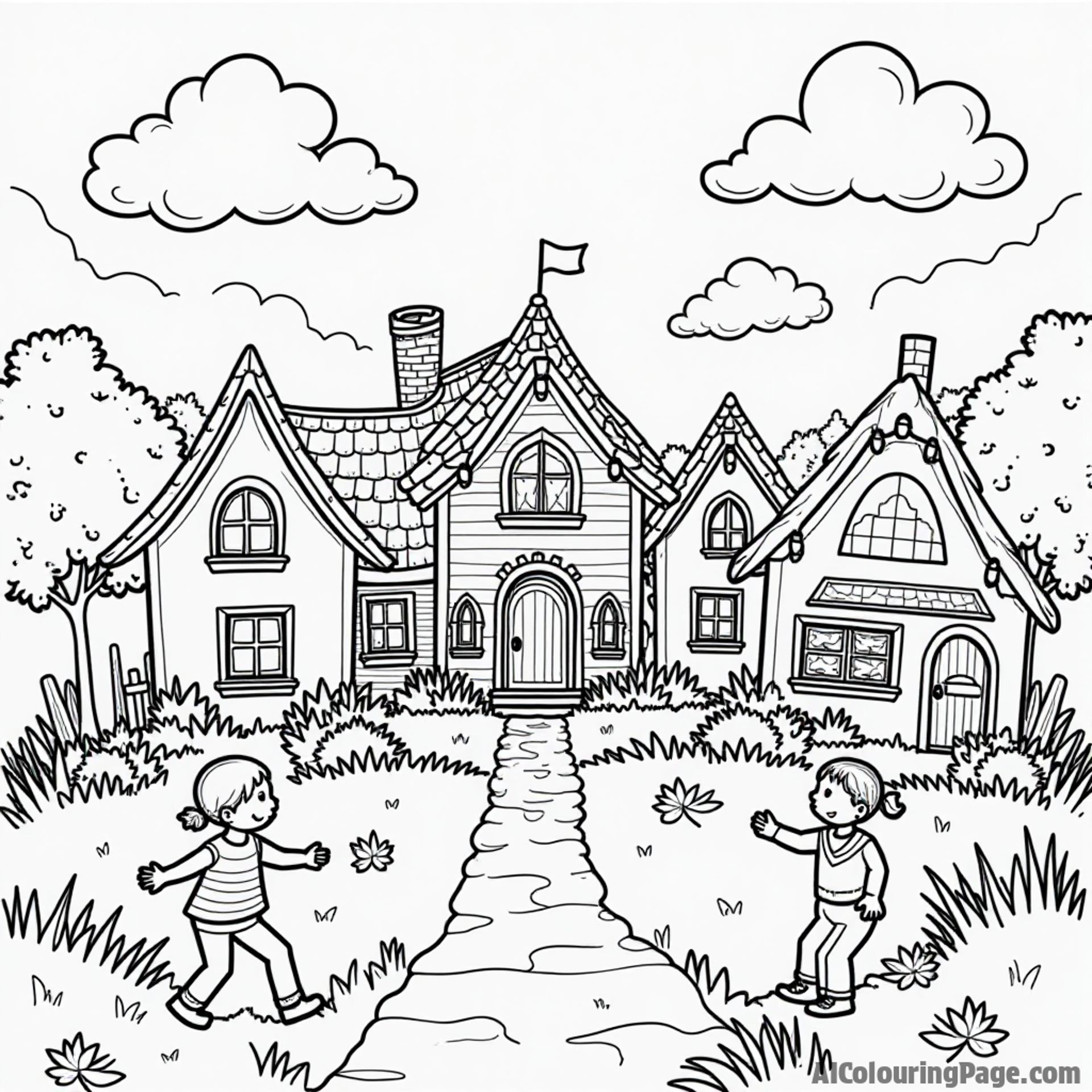A charming village with a compass, happy children playing, and colorful houses, creating a delightful scene for kids to explore their creativity through coloring.