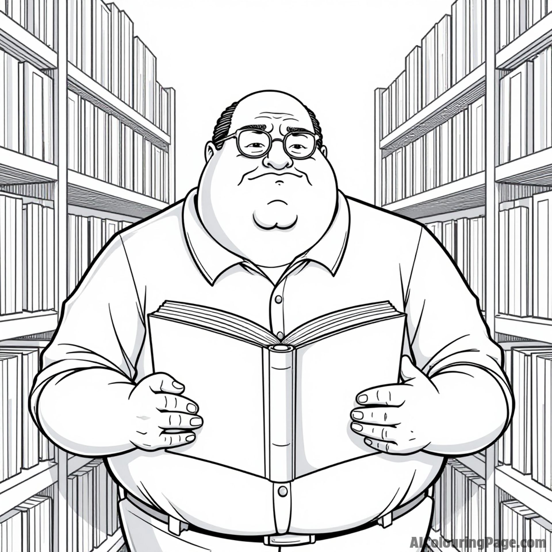 Comic Book Guy reading a comic book with a skeptical expression while surrounded by shelves of various comic book titles.