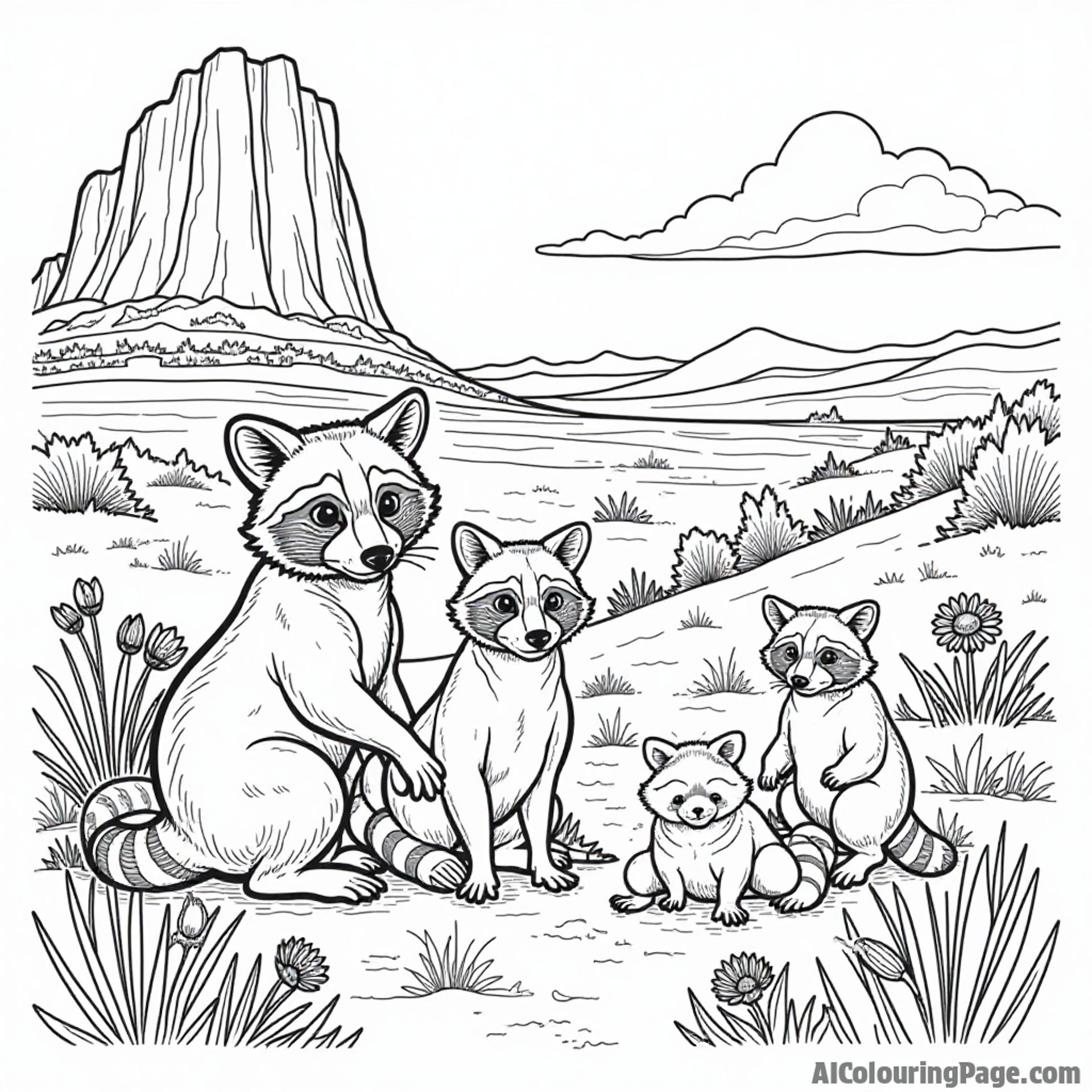 A fun-filled Utah national park with a family of raccoons, colorful wildflowers, and a scenic rock formation to color.