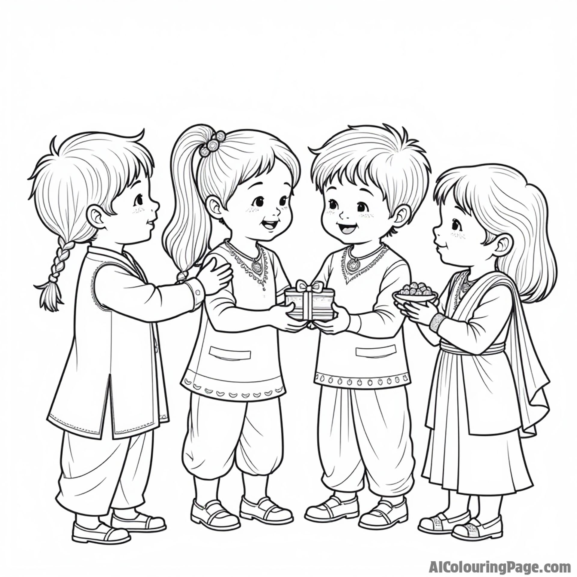 A group of children dressed in traditional attire, joyfully exchanging gifts and sweets, capturing the essence of Diwali's spirit of sharing and love, perfect for Festivals and Traditions Coloring Sheets.