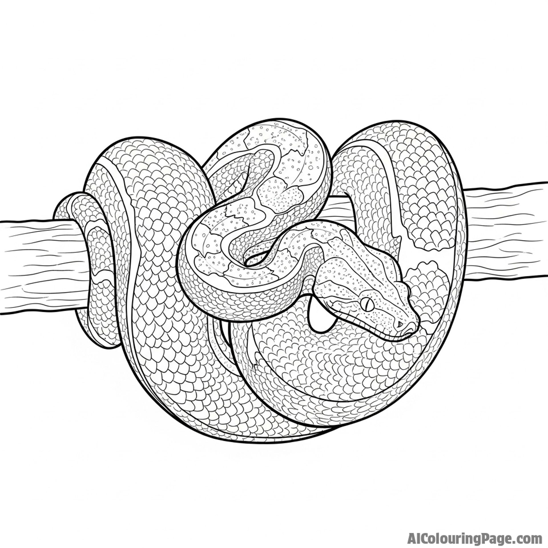 A boa constrictor coiled around a branch, blending seamlessly with its surroundings.