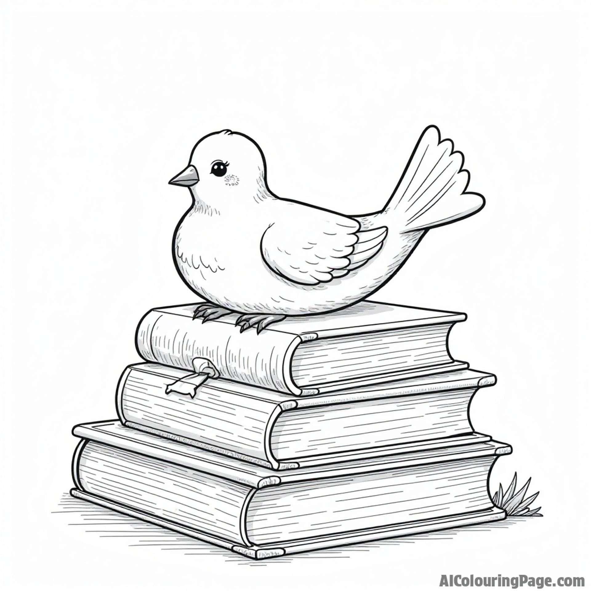 A dove resting on a stack of books with whimsical characters peeking out, promoting a love for reading and imagination.