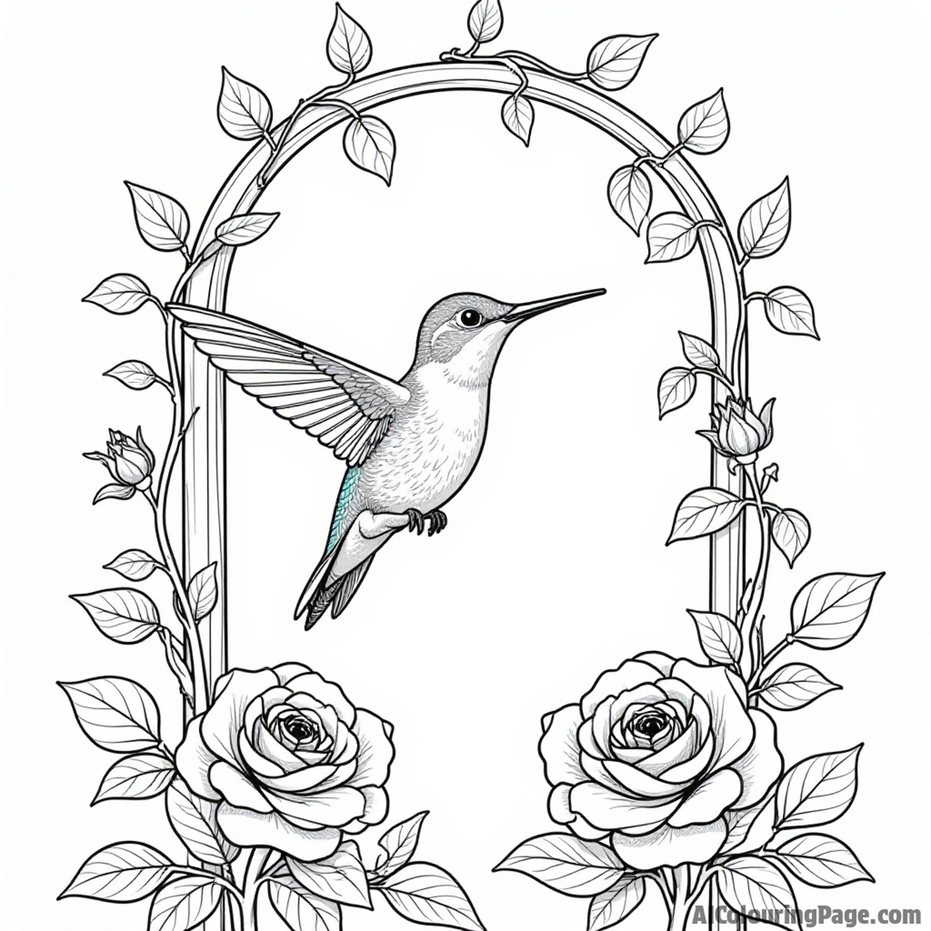 A hummingbird perched on a garden trellis surrounded by climbing vines and blooming roses.