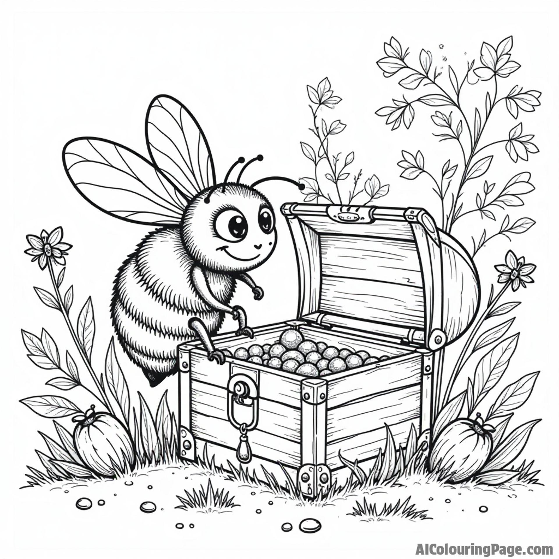 A bee investigating a treasure chest hidden beneath a bush, with sparkly gems and colorful bugs all around.