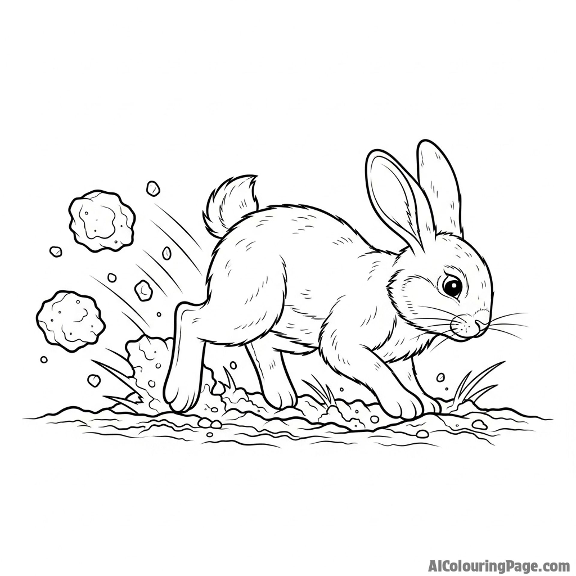 A bunny digging furiously in the soil, sending dirt flying behind it.