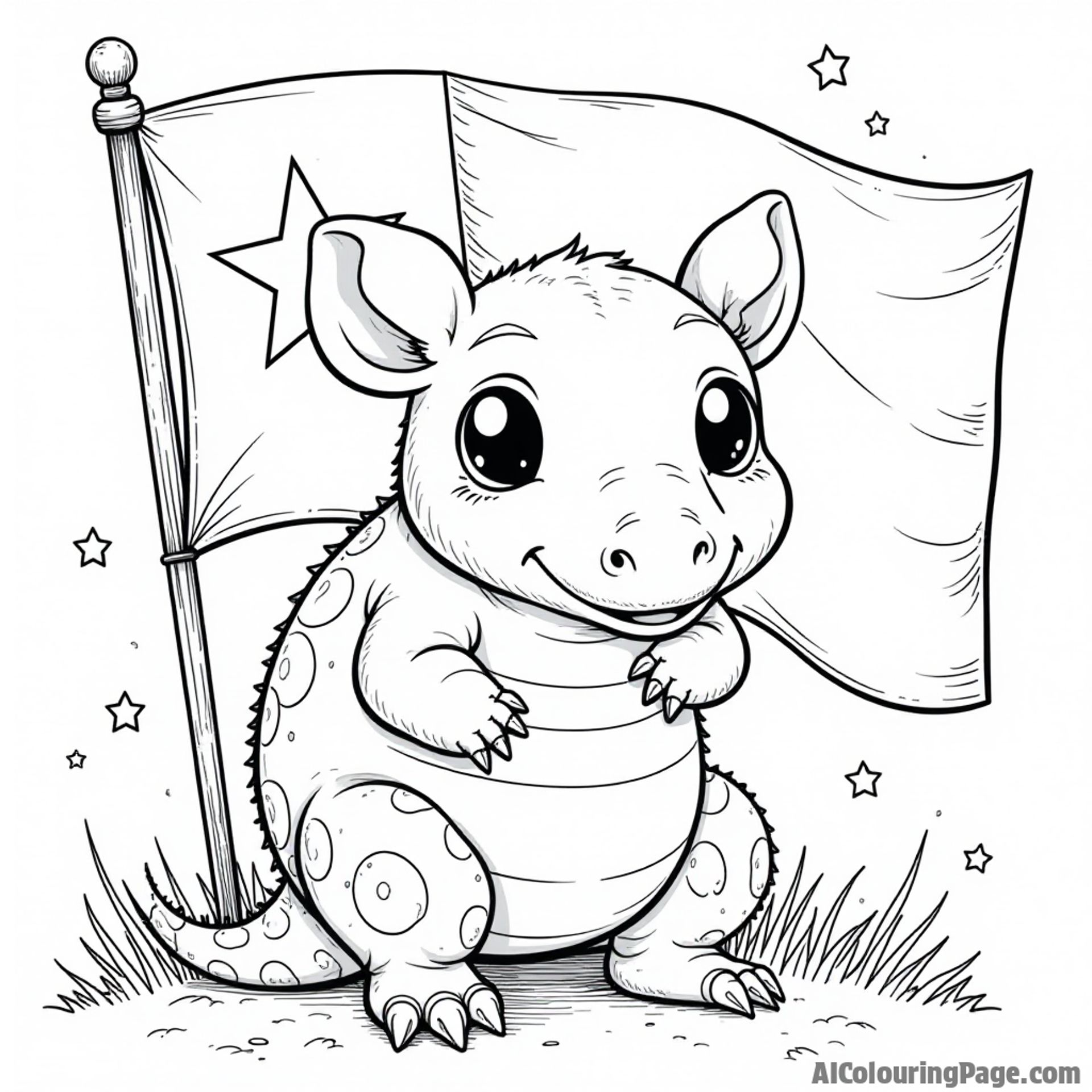 An adorable armadillo peeking out from behind a Texas flag, surrounded by stars and stripes for an engaging coloring experience.