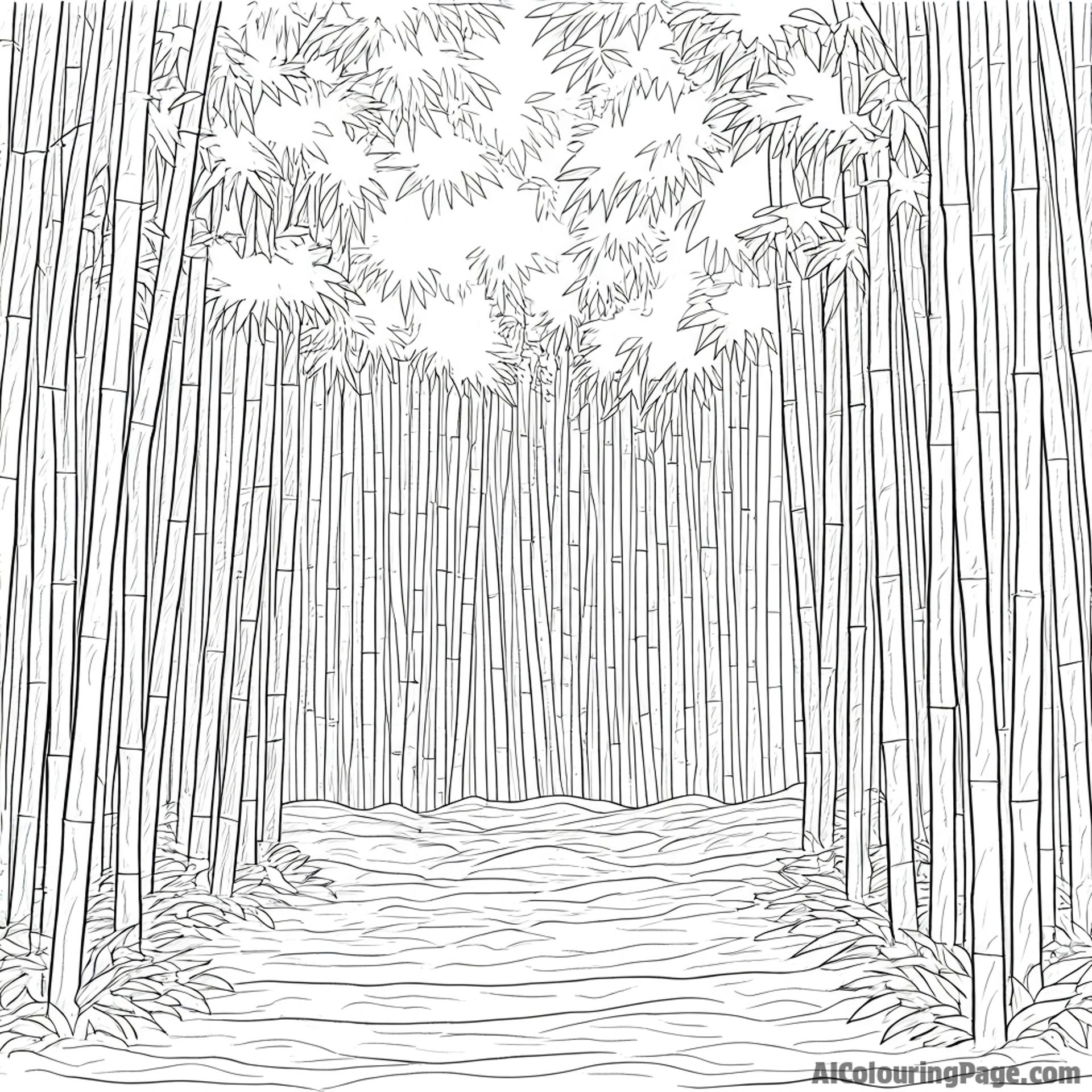 Dense bamboo forest, rustling stalks, dappled shadows, tranquil ambiance.