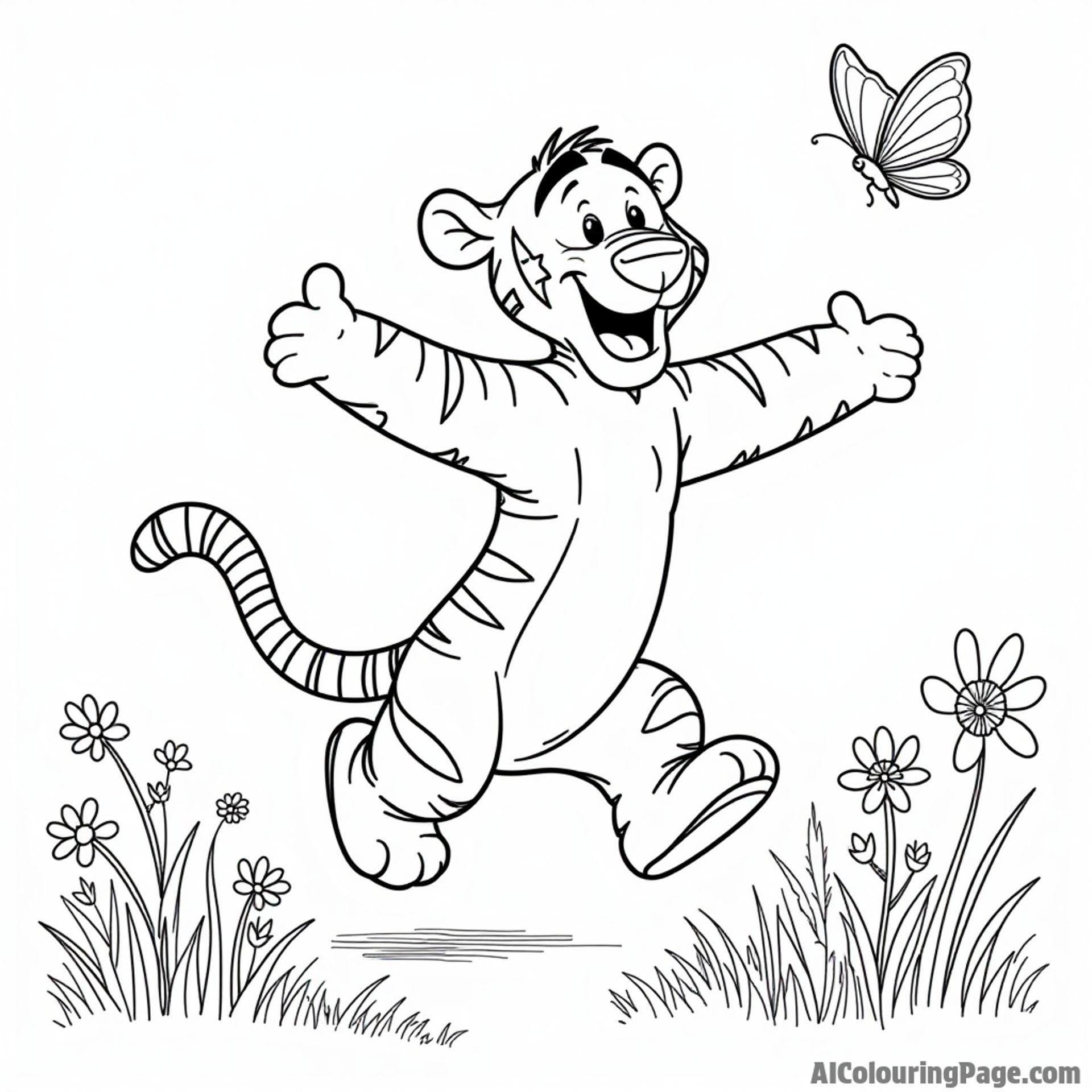 Tigger bouncing happily in the meadow, with a patch of colorful flowers and a butterfly fluttering nearby.