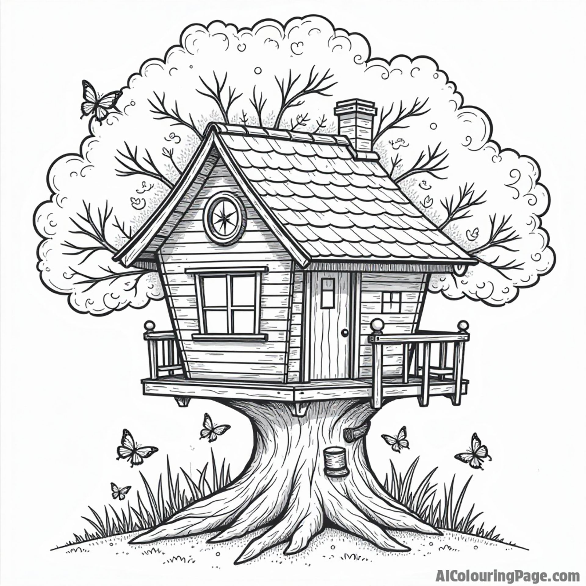 A cozy treehouse with a compass on the porch, surrounded by birds and butterflies, inviting kids to explore their creativity through this charming coloring page.