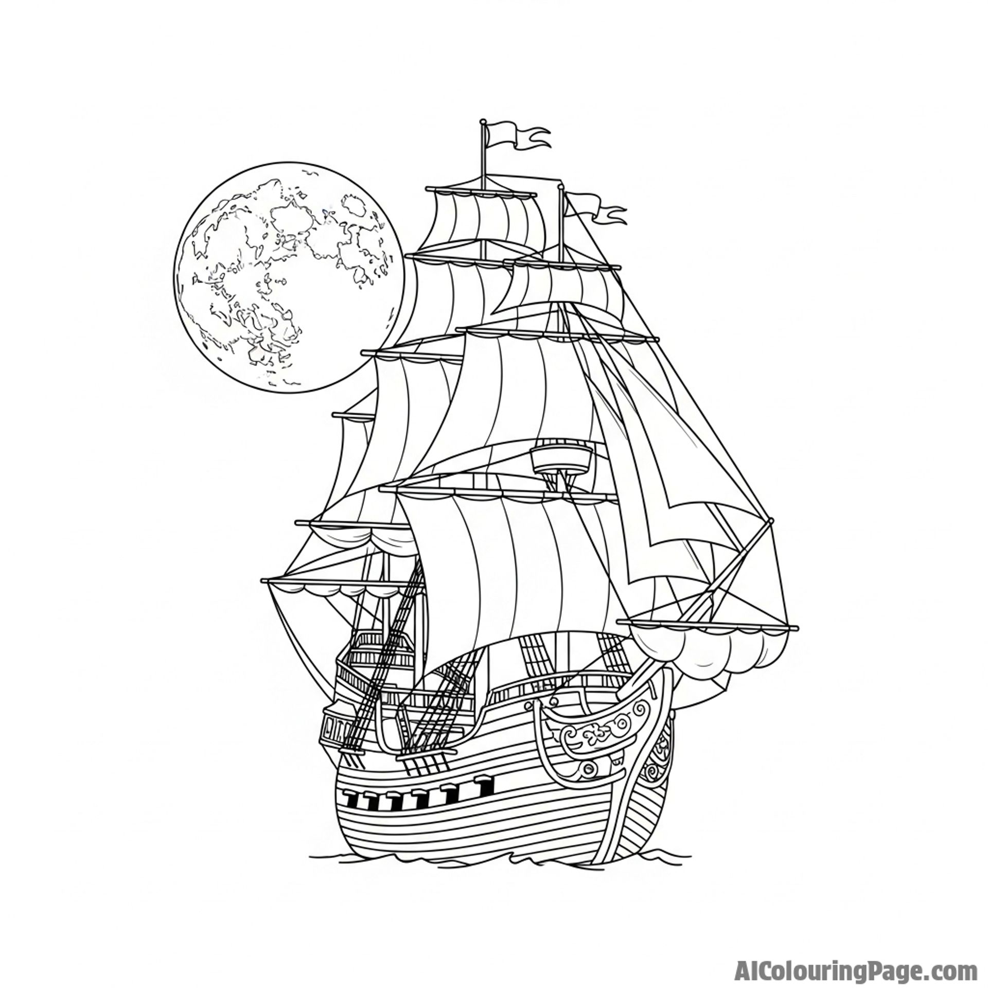 A pirate ship sailing under a full moon.
