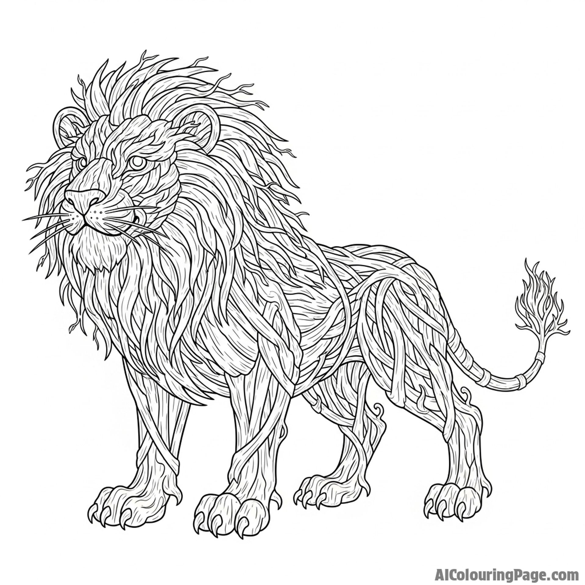 A fantasy lion made entirely of woven tree branches and gnarled roots.