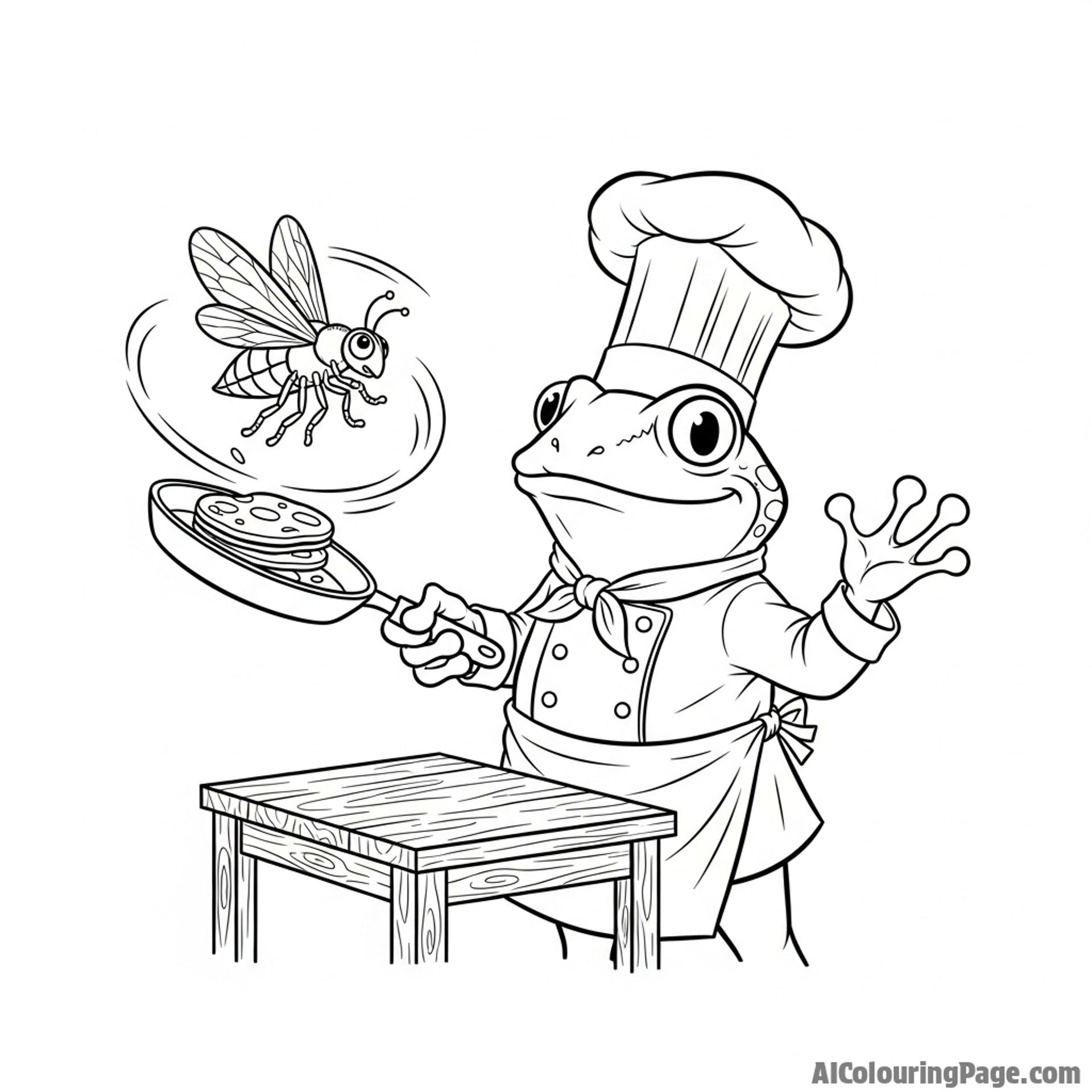 A frog chef in a toque, expertly flipping a pancake-sized insect.