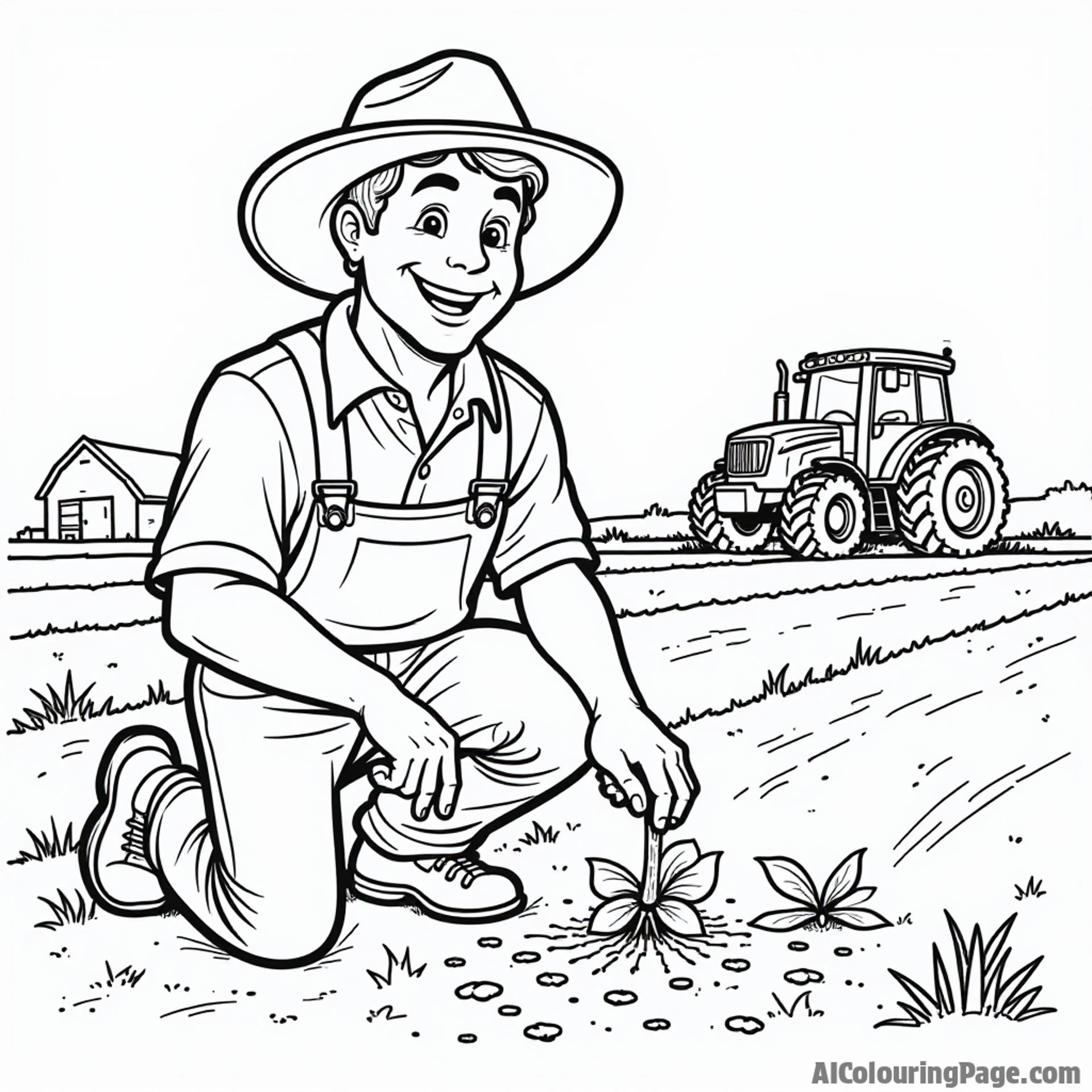 A cheerful farmer planting seeds in a Nebraska field with a tractor and a barn in the background.