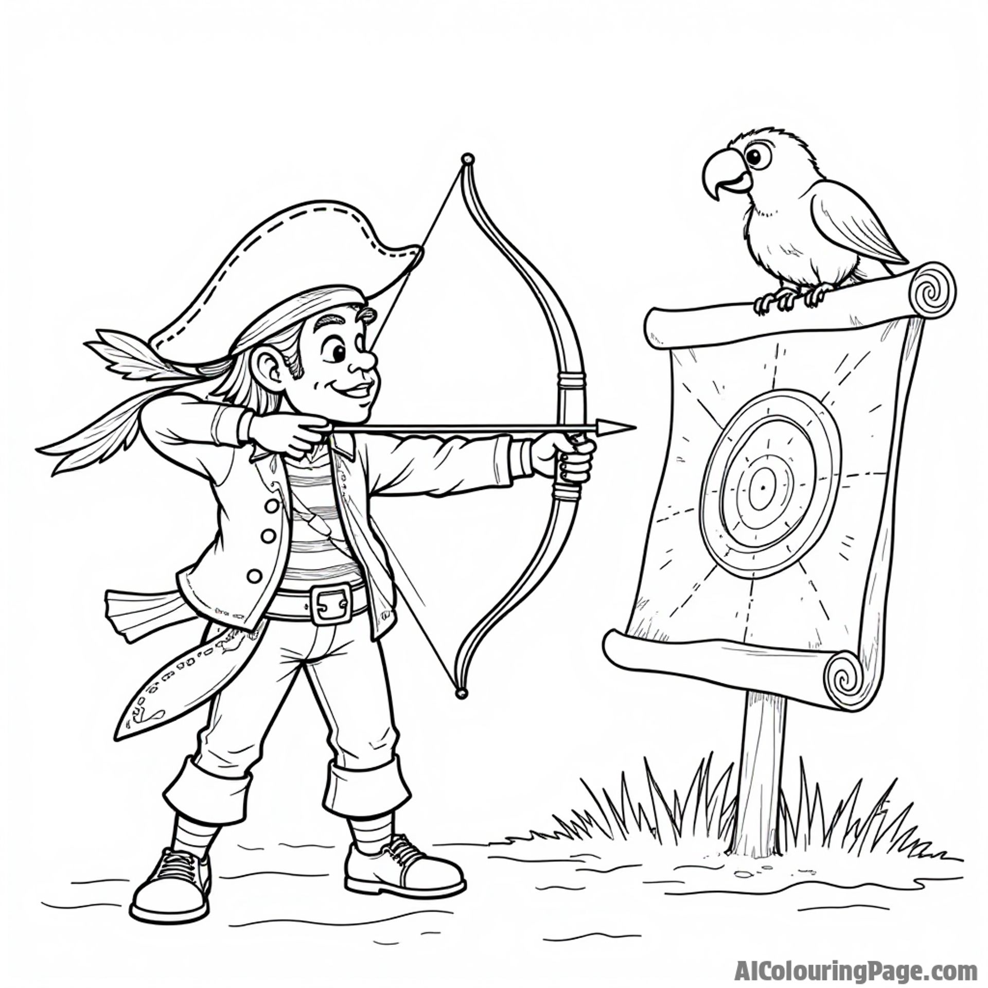 An adventurous pirate aiming a bow and arrow at a treasure map target, with a parrot perched on his shoulder and a ship in the background, sparking excitement in young imaginations.