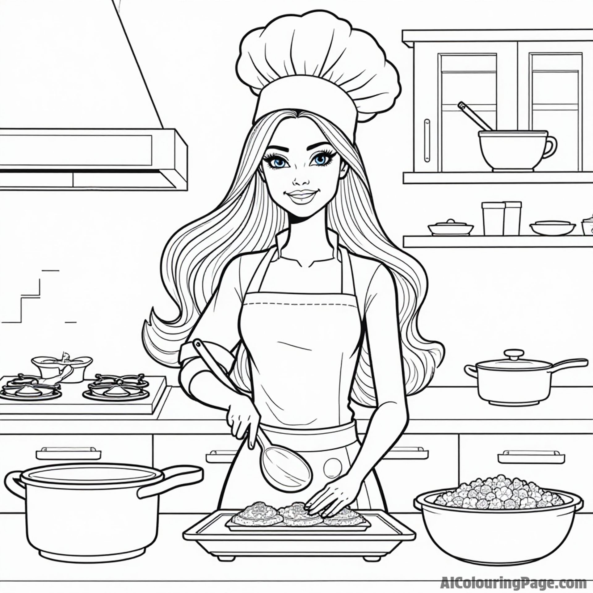 Barbie as a chef in a restaurant kitchen, cooking delicious food, with pots and pans and a big chef hat.