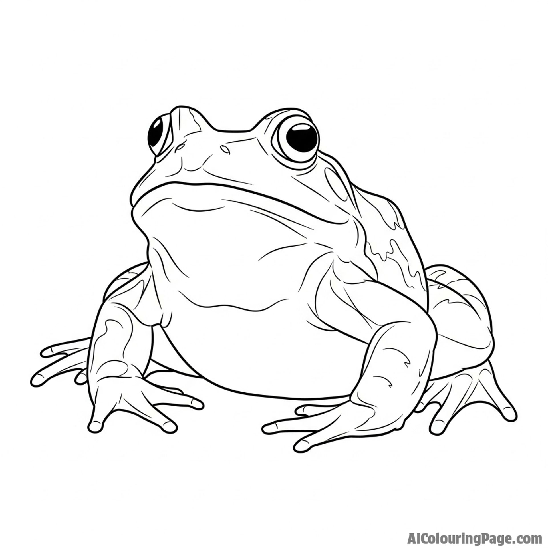 A low-angle shot of a bullfrog, making it appear monumental.