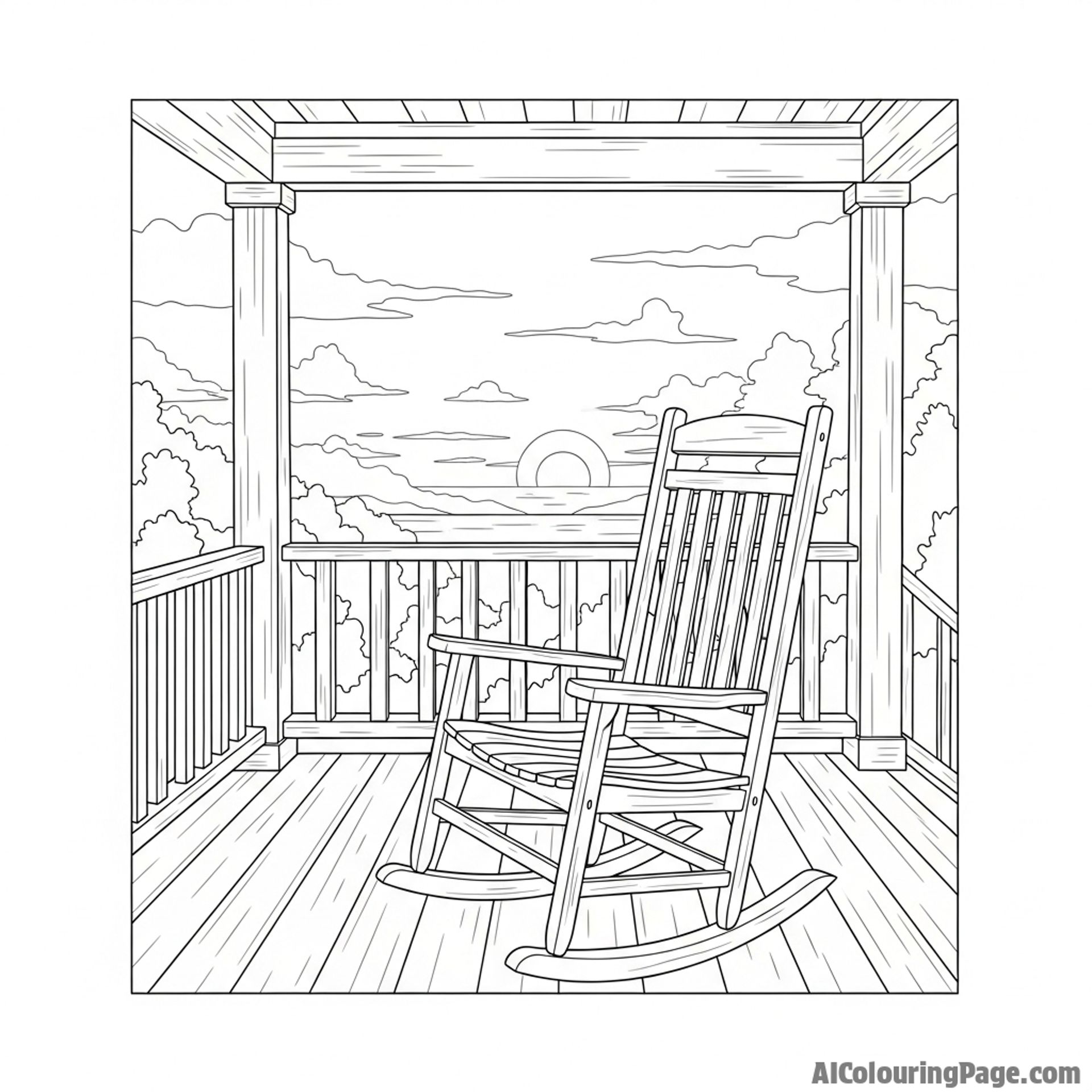 Silhouette of a rocking chair on a porch at sunset.
