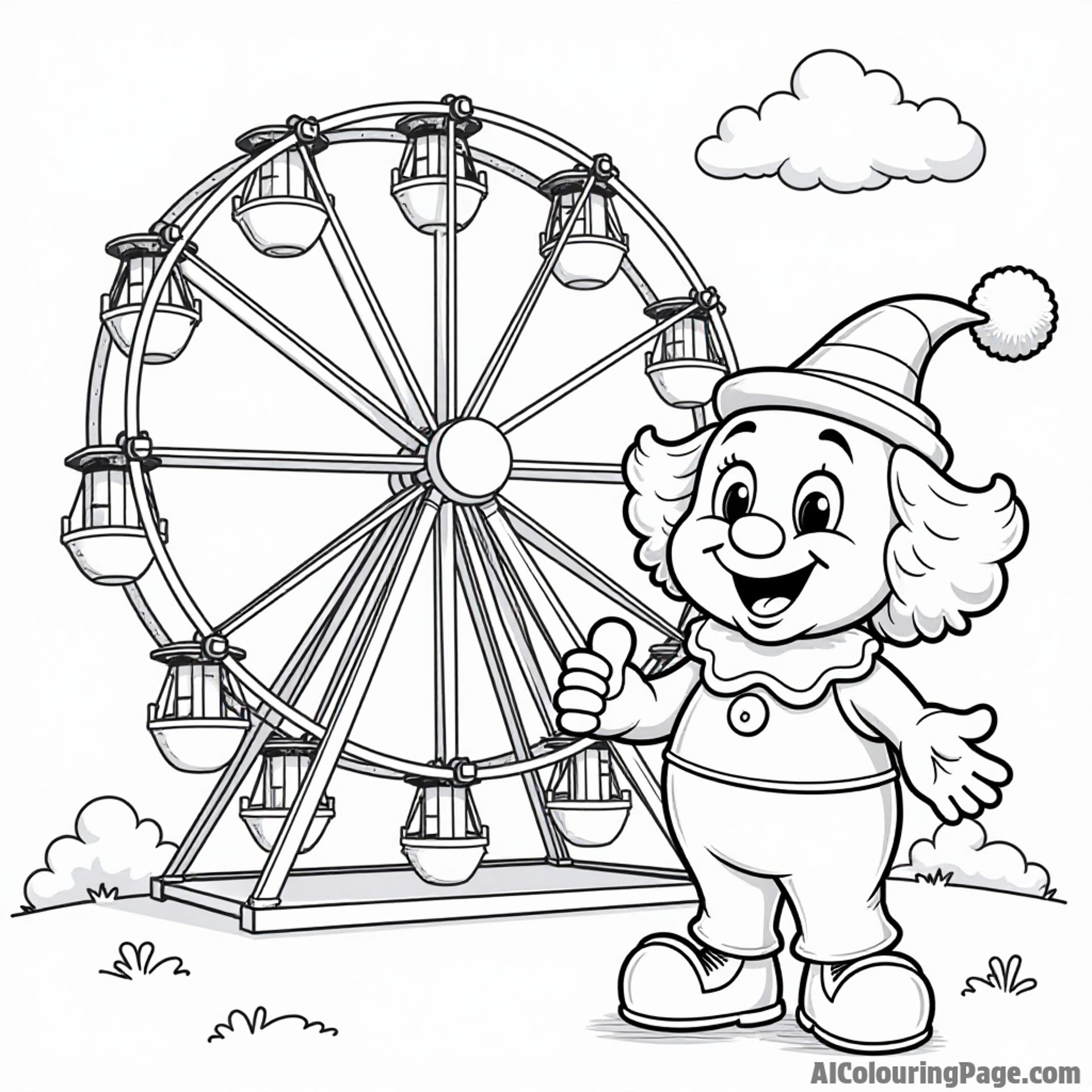 A fun carnival scene with a happy Ferris wheel, a cheerful clown character, and playful cotton candy stands nearby.
