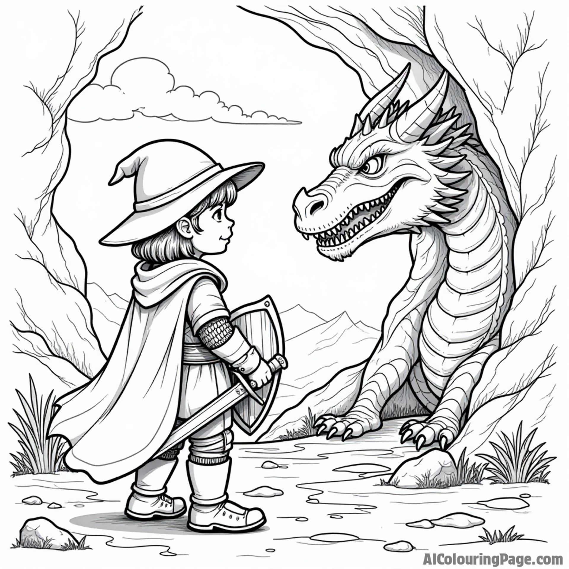 A brave knight in an explorer hat, standing before a dragon's cave, holding a sword and shield, ready for an epic adventure in a fantasy coloring page.