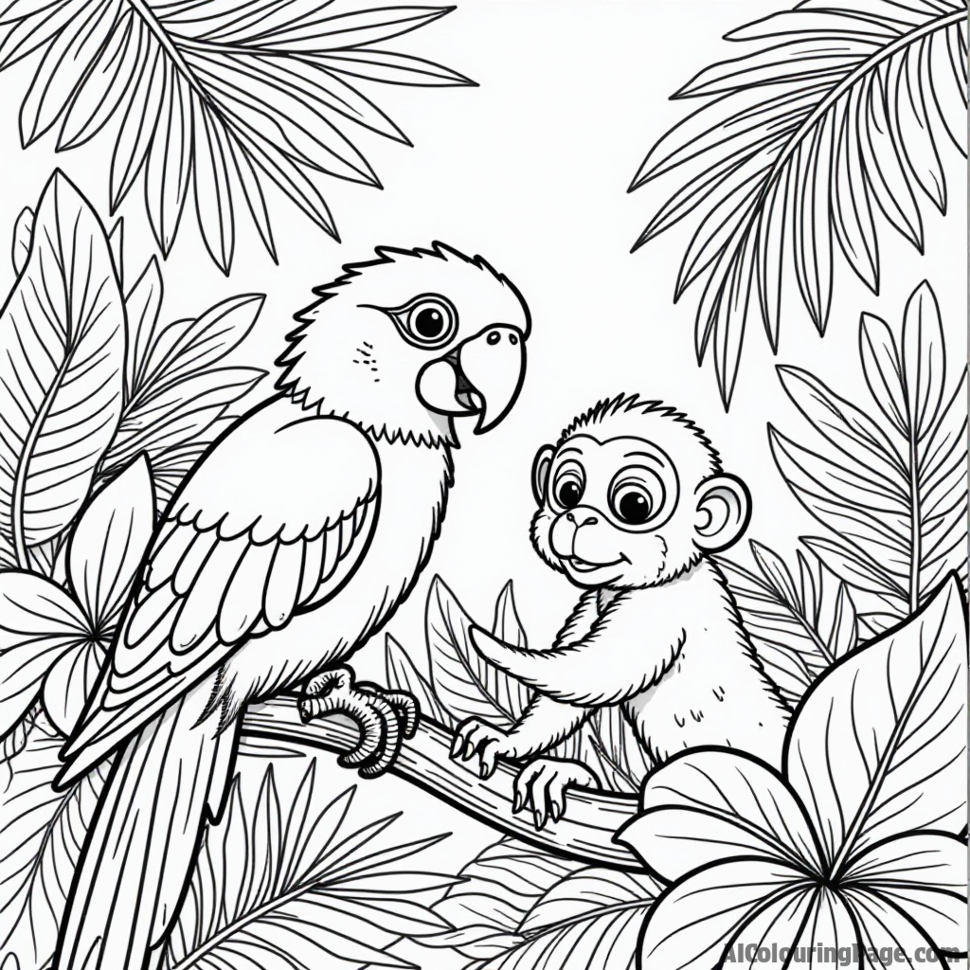 A parrot playing hide and seek among colorful tropical plants with a curious monkey peeking from behind