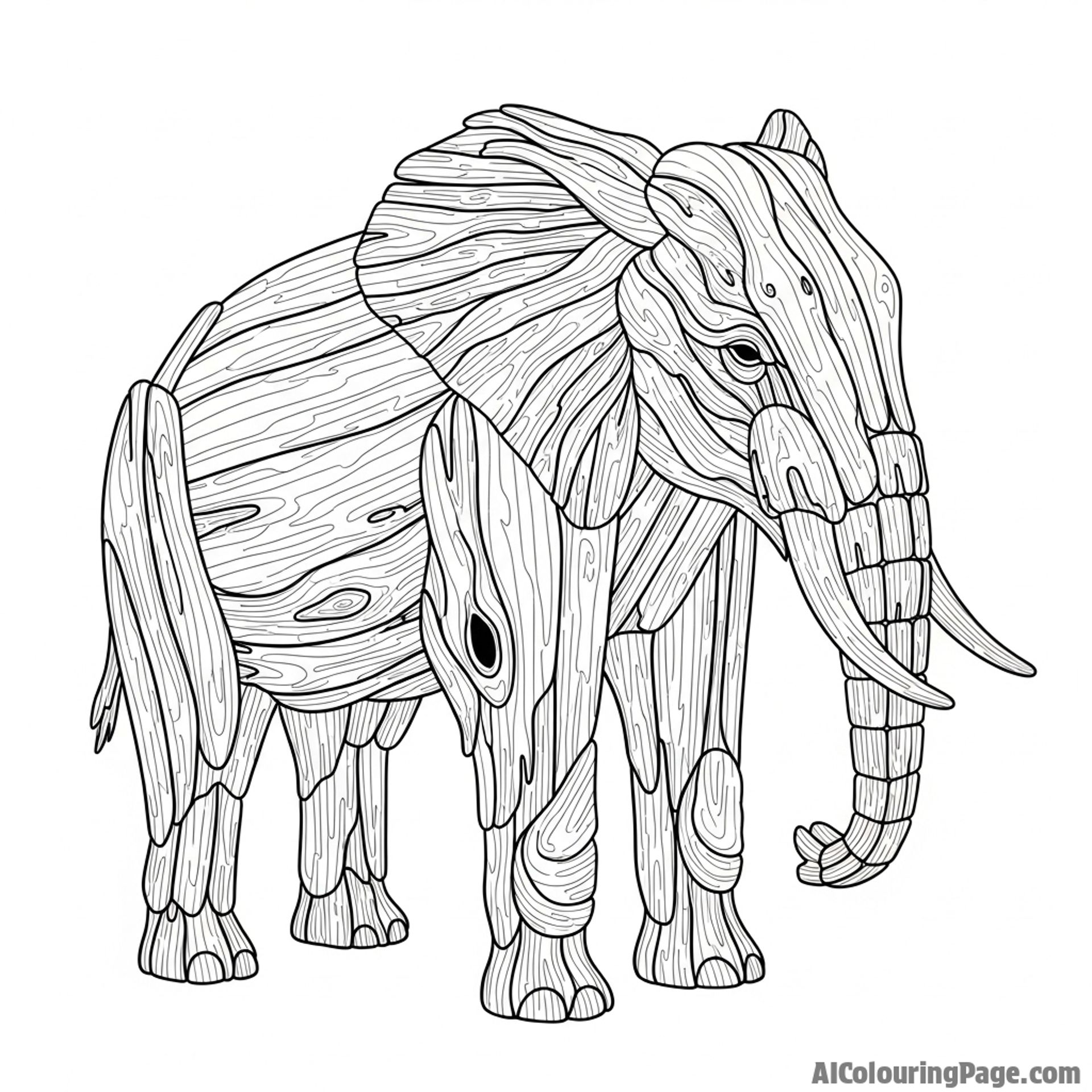 An elephant sculpted from interlocking pieces of driftwood, weathered by the sea.