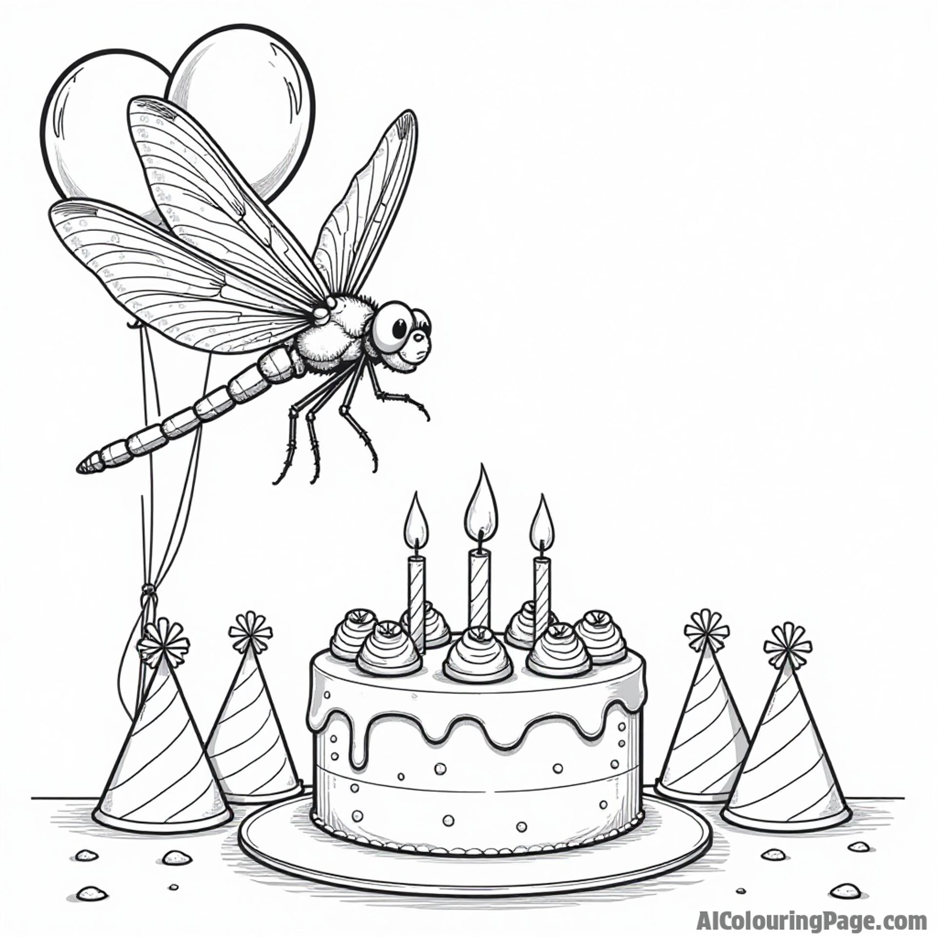 A dragonfly hovering near a birthday cake surrounded by balloons and party hats, ready for a festive celebration.