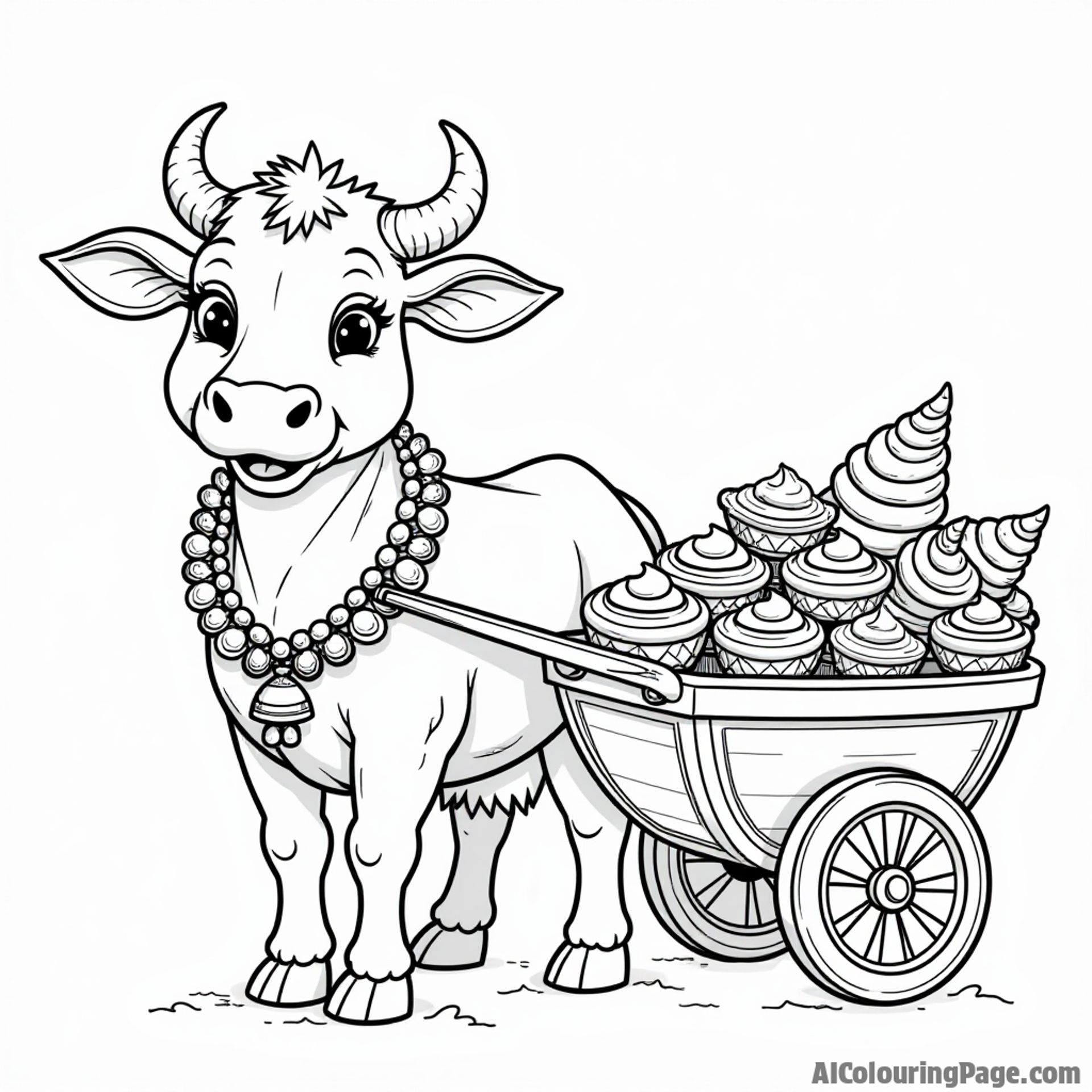 A friendly cow adorned with garlands and bells, standing next to a decorated cart filled with festive treats, symbolizing abundance and joy during Diwali celebrations for Festivals and Traditions Coloring Sheets.