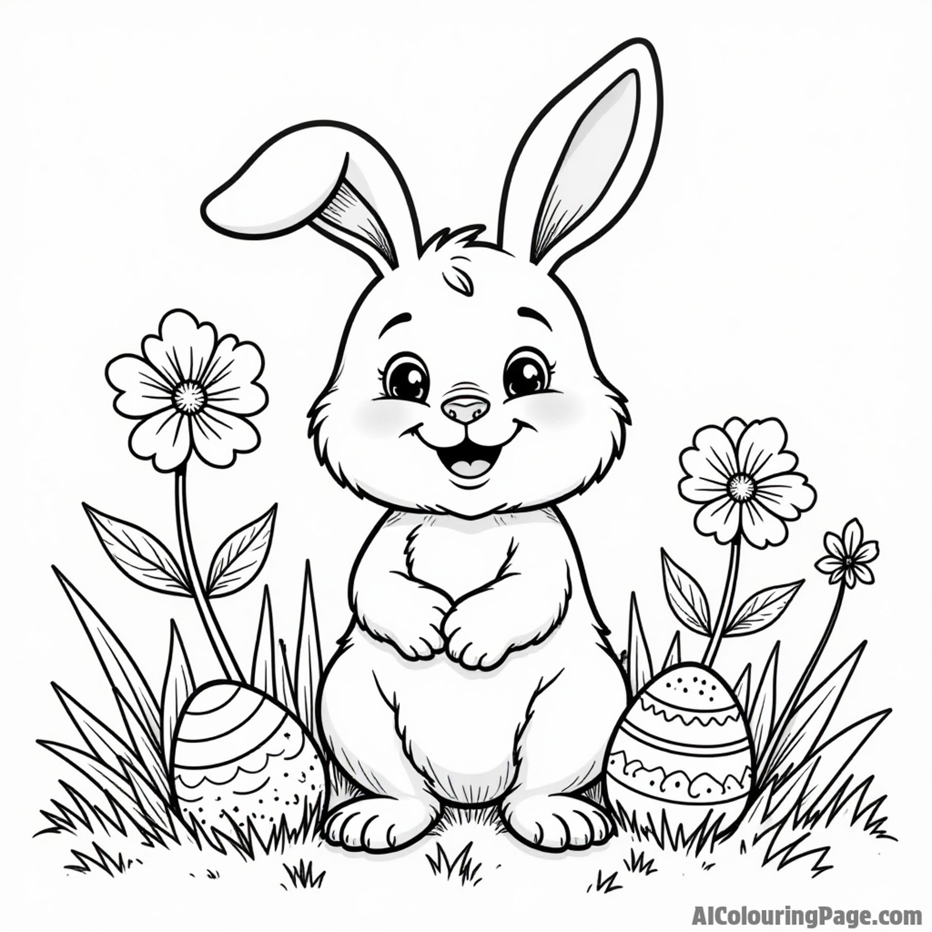 A vibrant spring scene with a cheerful bunny character, playful eggs hidden in grass, and colorful flowers blooming all around.