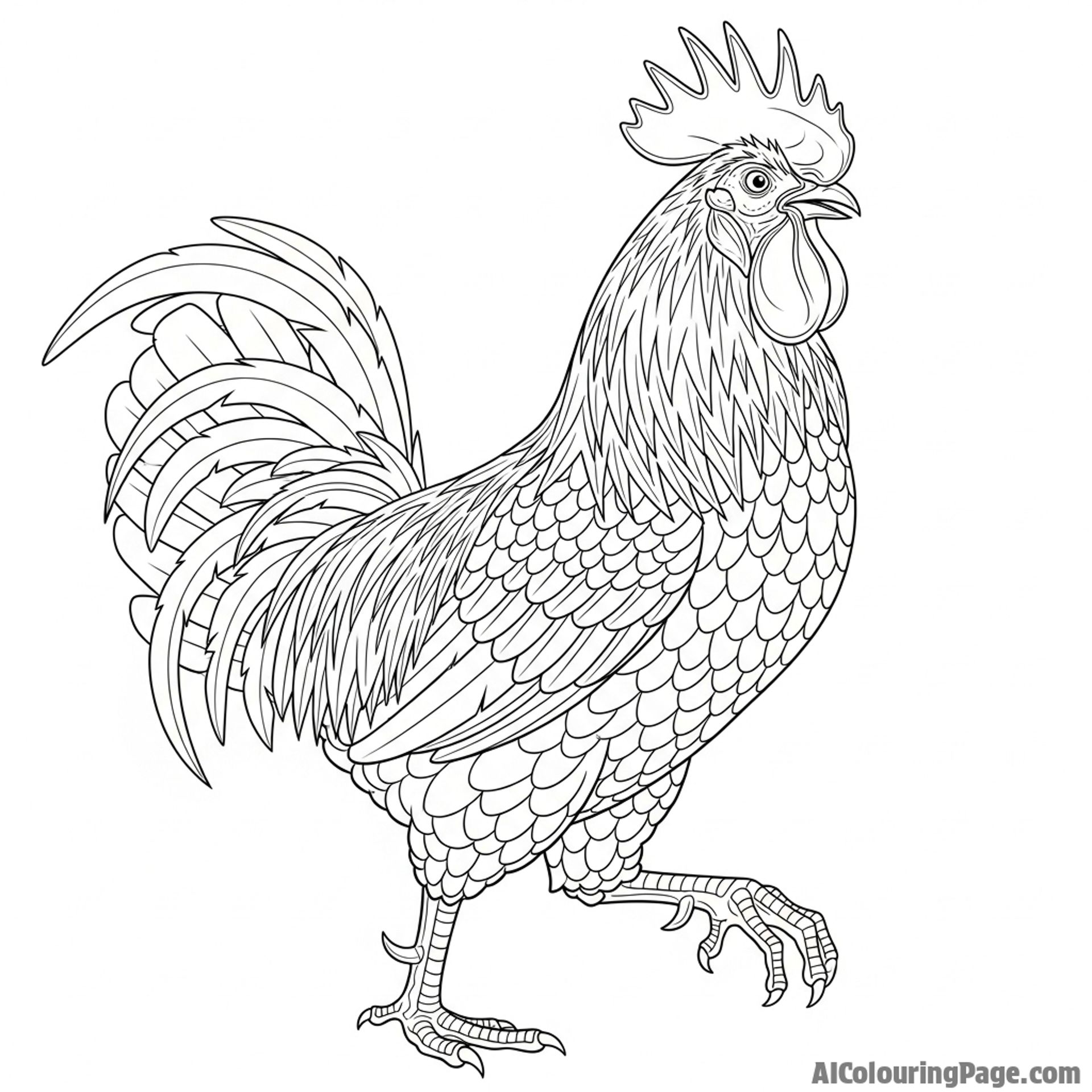 A low-angle shot of a rooster, making it look gigantic and powerful.
