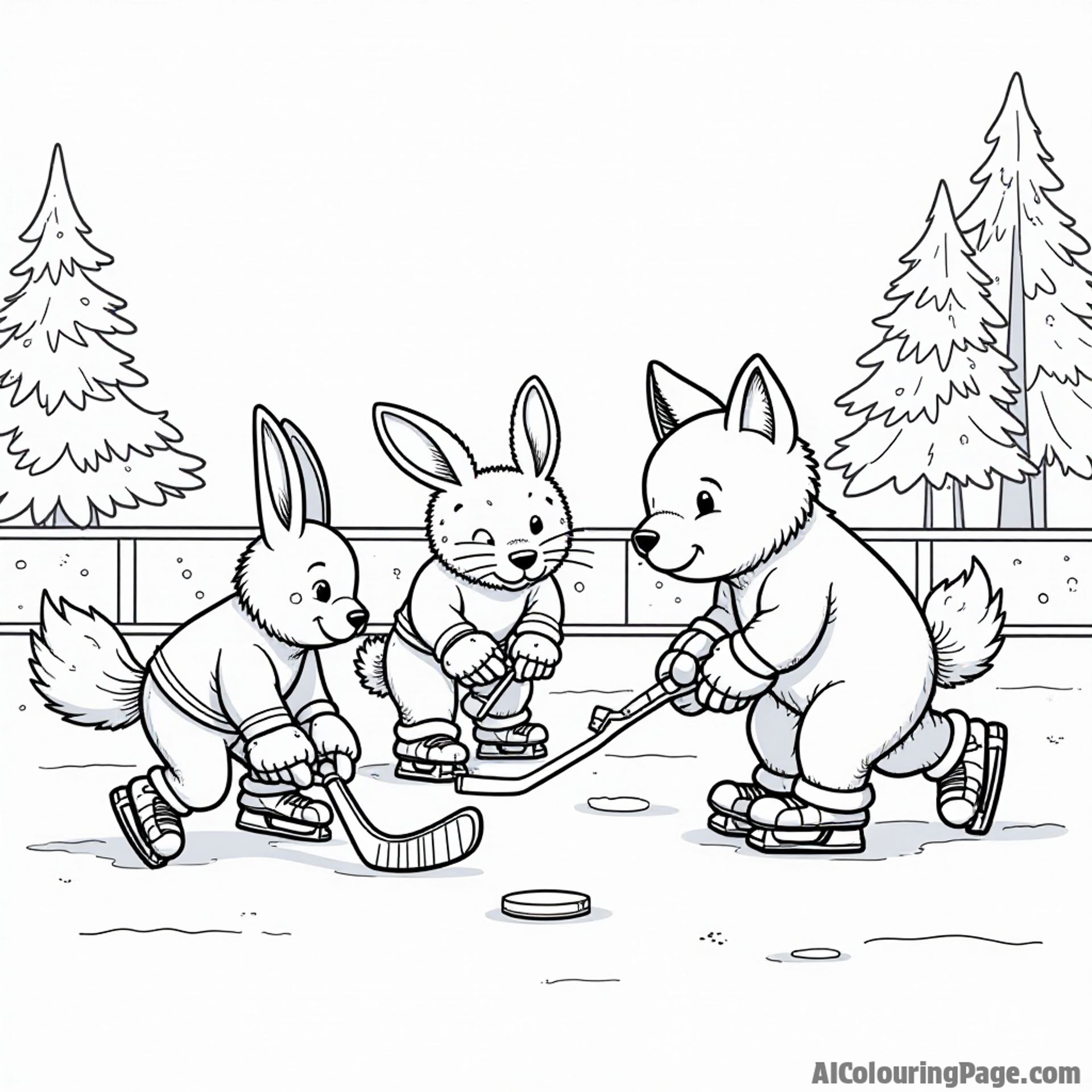 A group of animals in hockey gear, including a rabbit, fox, and bear, playing a friendly game on an outdoor rink filled with snow.