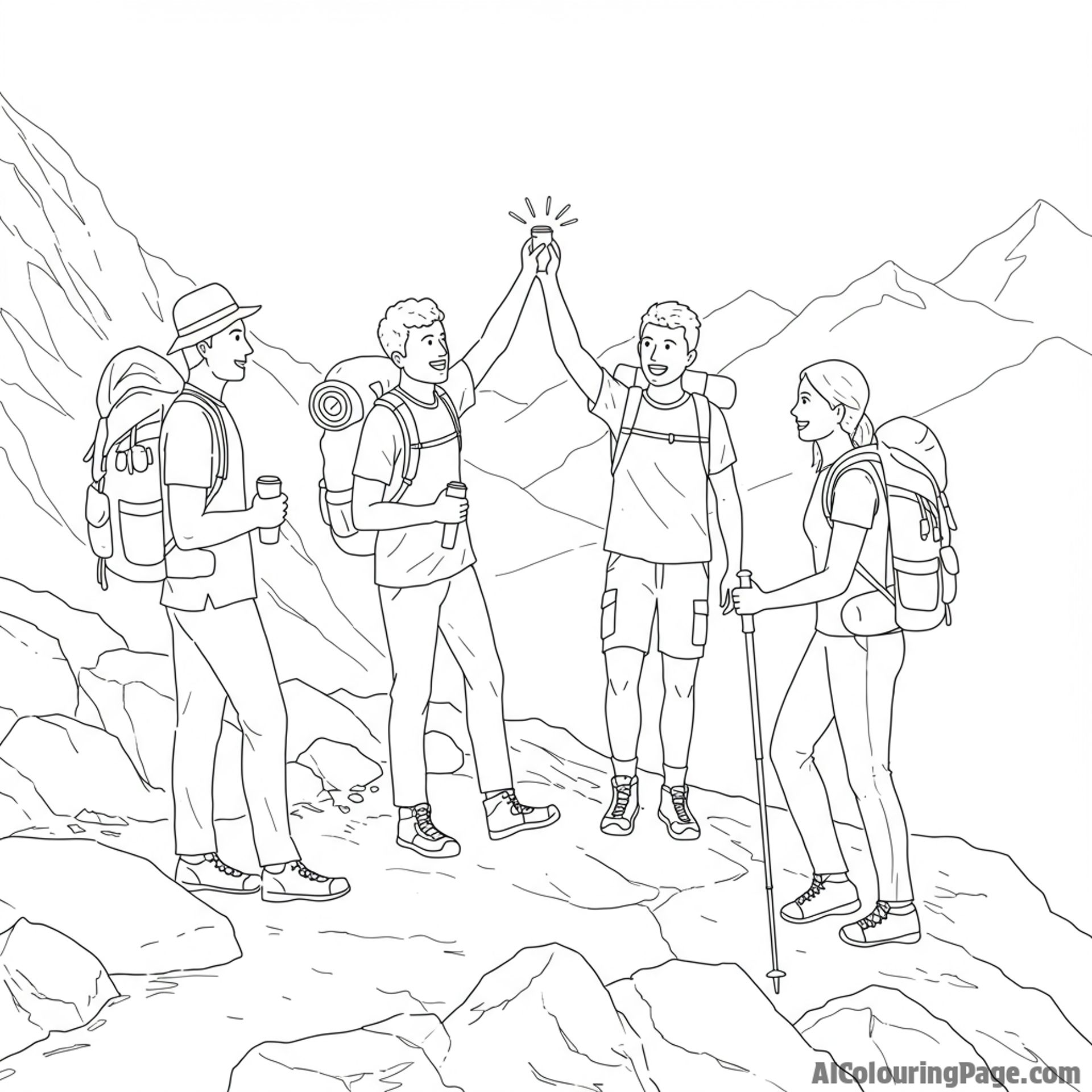 Friends hiking a scenic trail, celebrating their friendship at the summit.