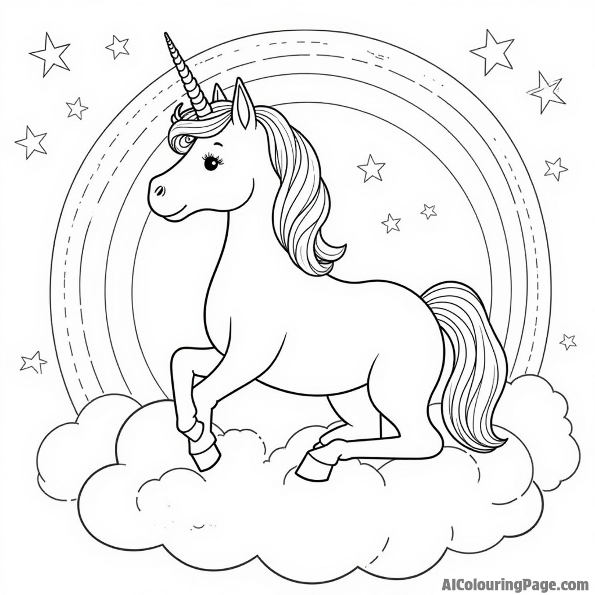 A unicorn perched on a cloud with a rainbow and twinkling stars, creating a dreamy scene for imaginative coloring.