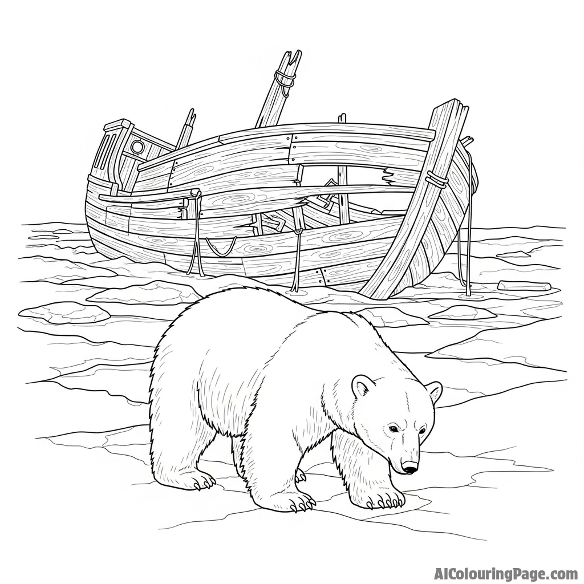 A curious polar bear investigating an old, weathered wooden shipwreck frozen in the ice.