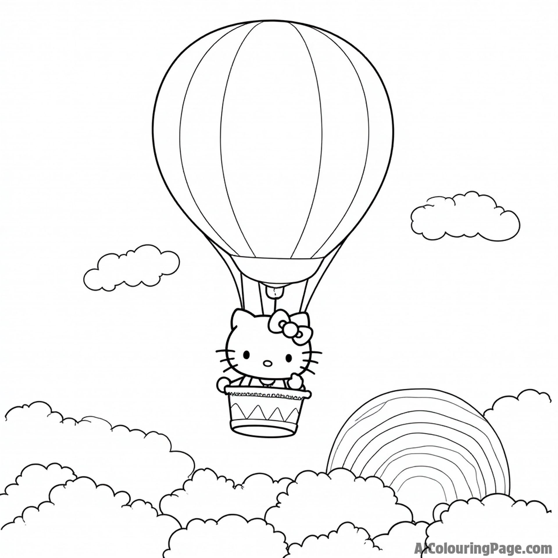 Hello Kitty flying in a hot air balloon over a picturesque landscape with clouds and a rainbow