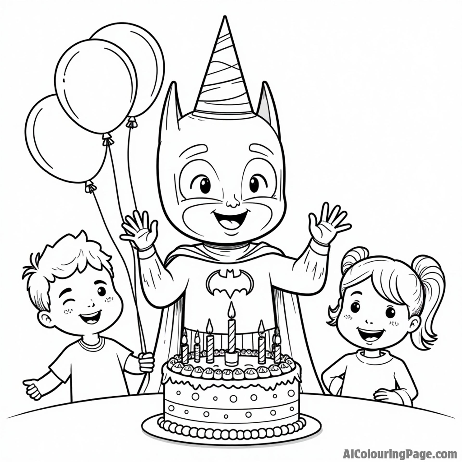 A cheerful Batman wearing a party hat, celebrating his birthday with balloons and a cake surrounded by friends.