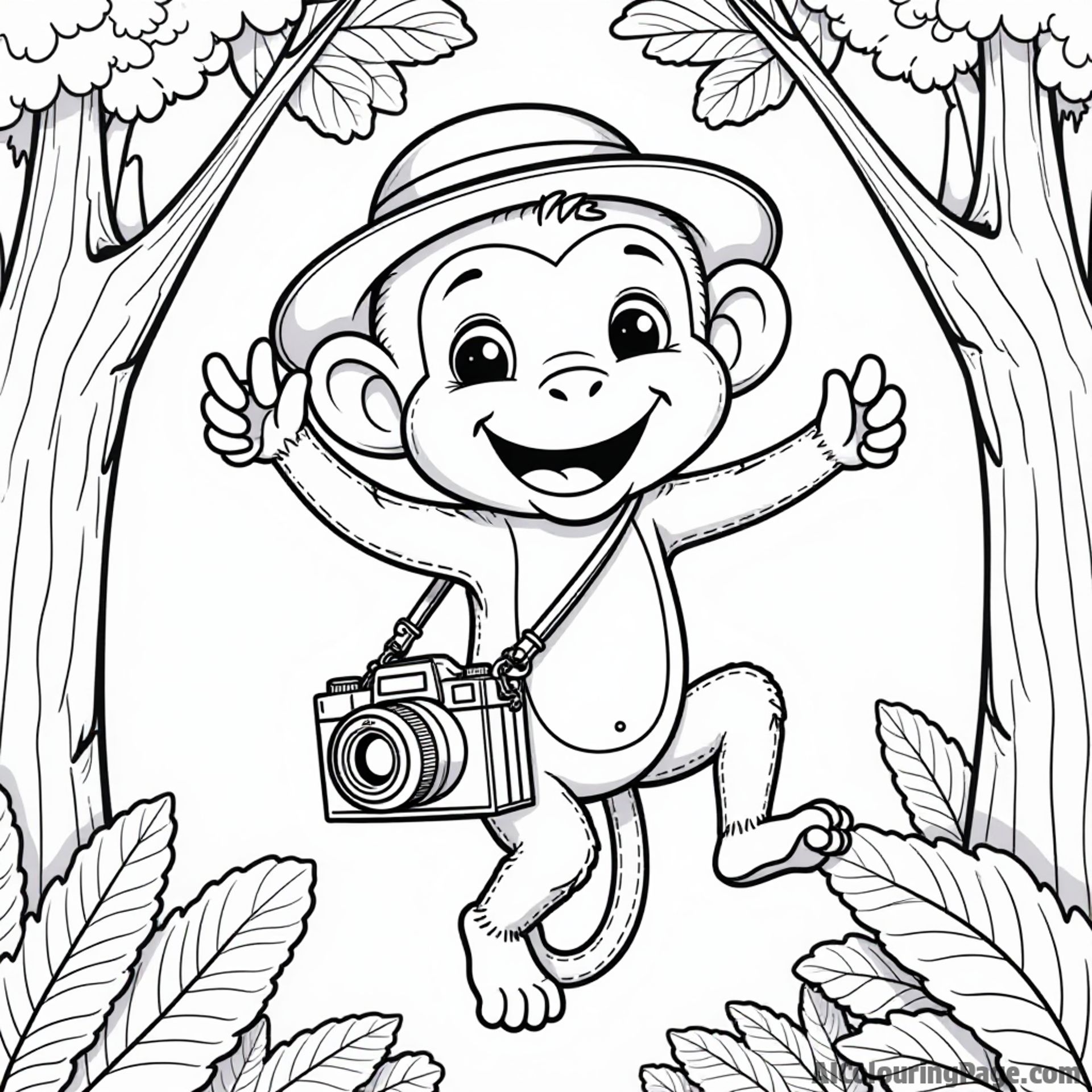 A playful monkey wearing an explorer hat, swinging between trees, with a camera hanging from its neck, capturing the beauty of the jungle in a delightful coloring page.